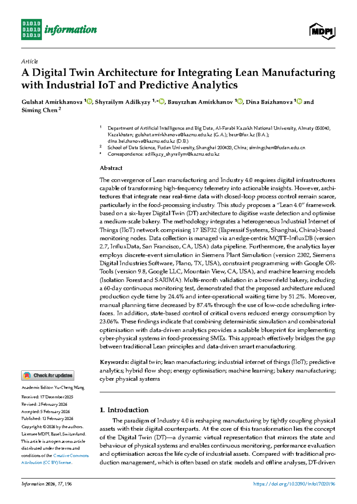 Lean 4.0 Digital Twin Architecture for Bakery Optimization and IIoT ...
