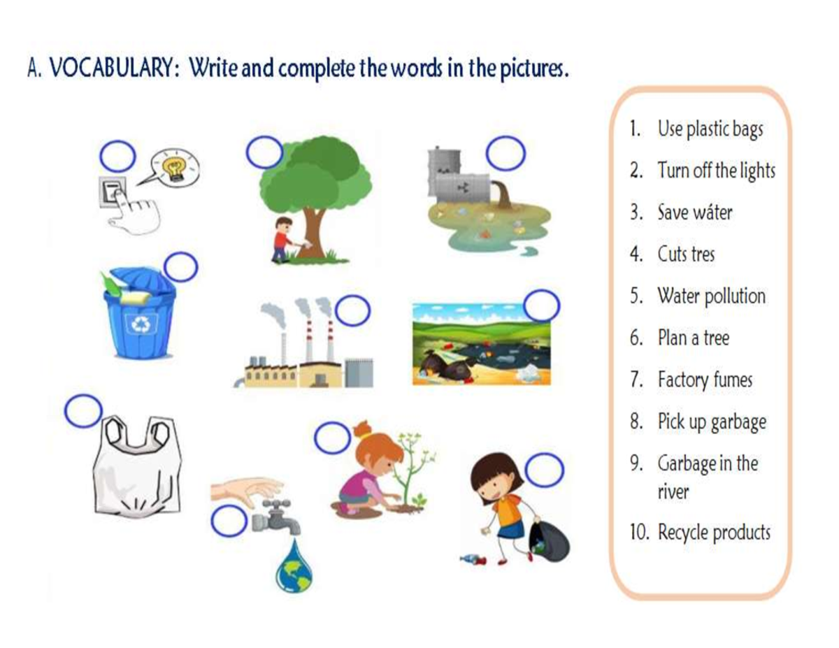 A1 - Environment Vocabulary & Activities for Eco Awareness - Studocu