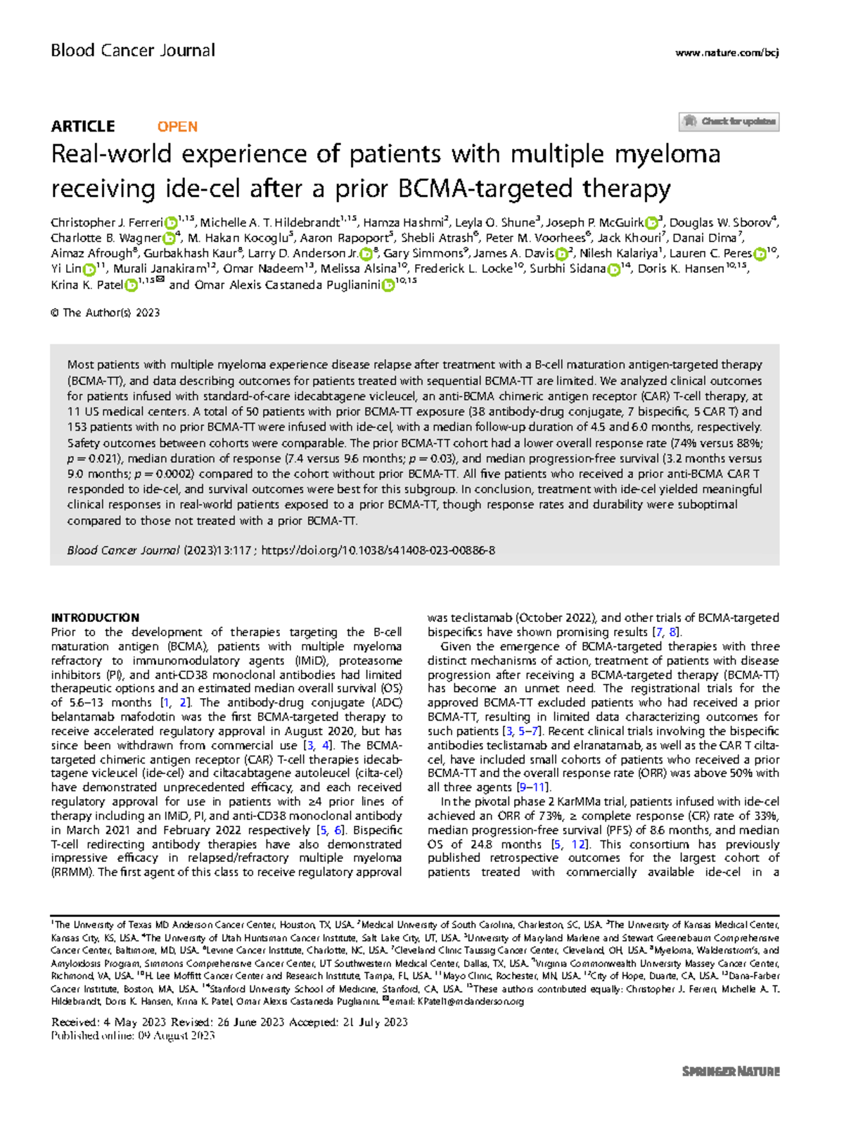 Clinical Outcomes of Multiple Myeloma Patients Post-Therapy: A Study ...