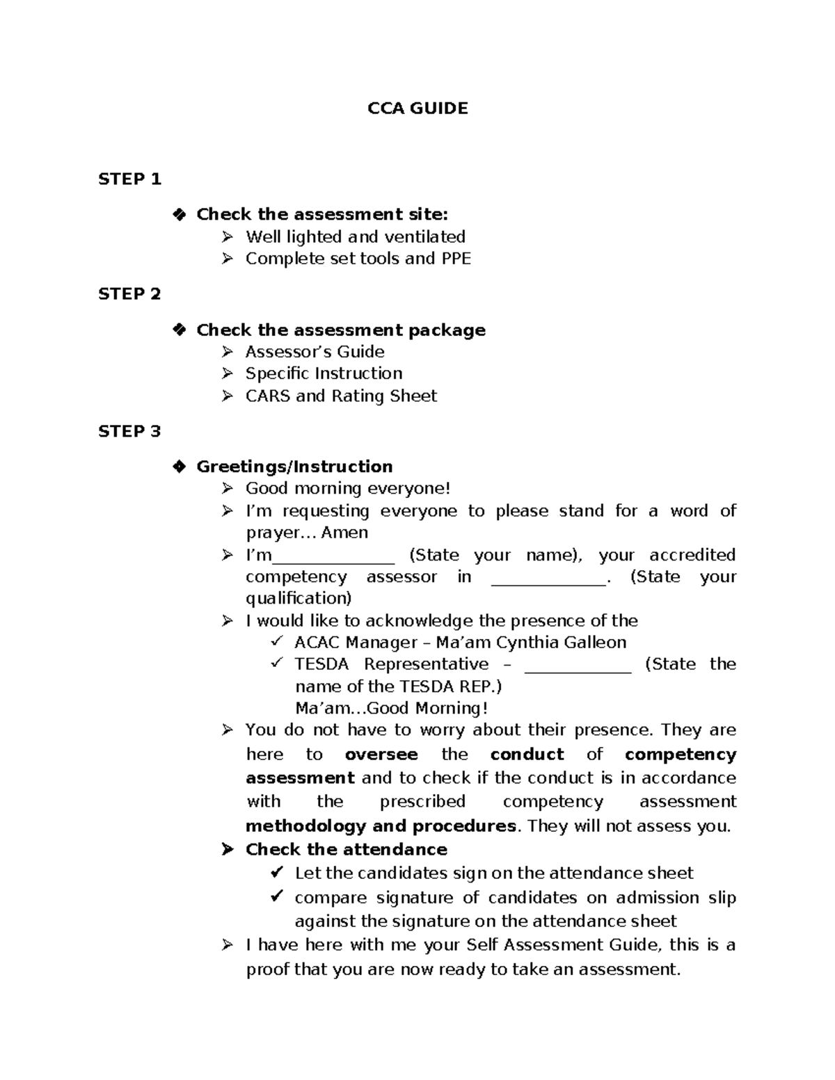 CCA- Guide - CCA GUIDE STEP 1 Check the assessment site: Well lighted ...