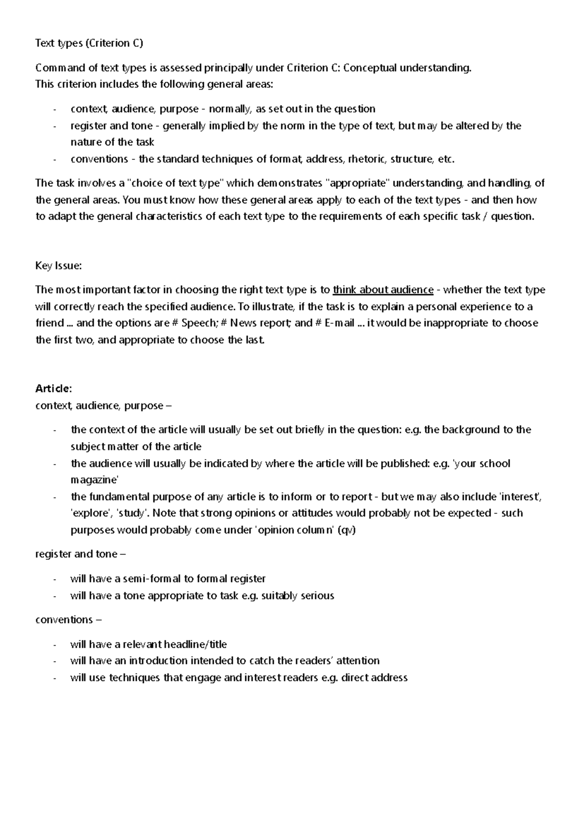 Text type descriptions (not exhaustive) - Text types (Criterion C ...