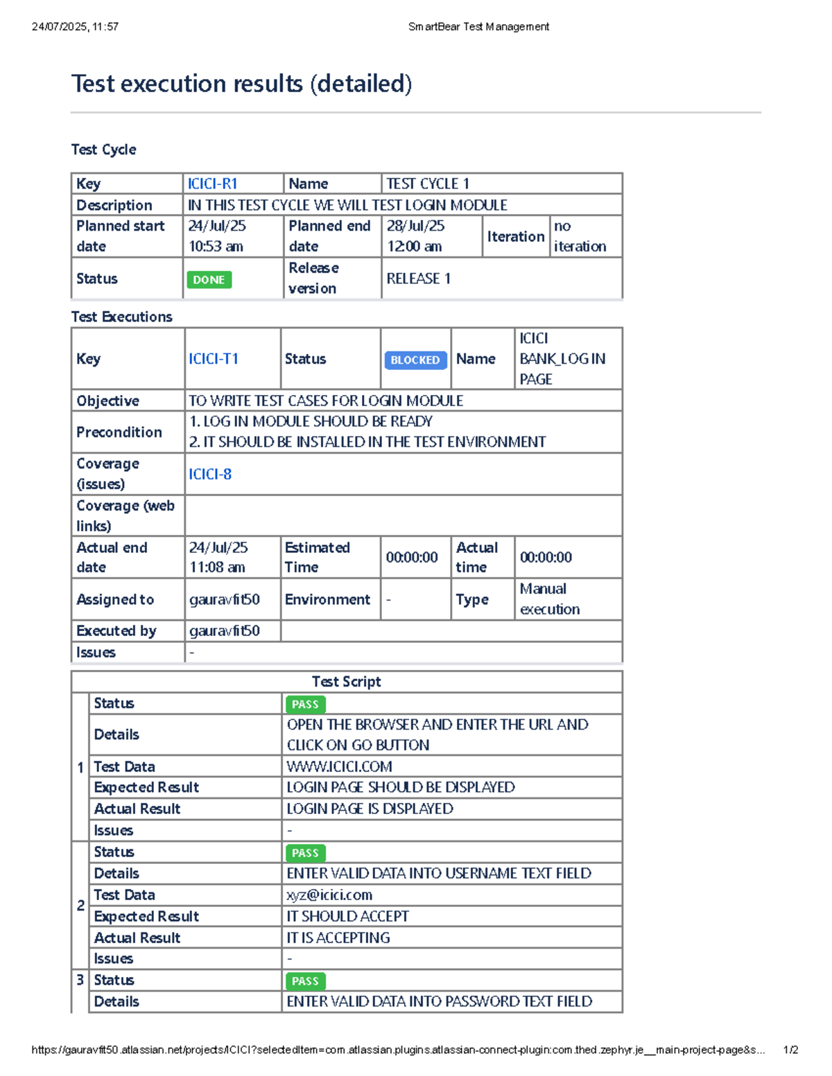 Test Execution Results for Login Module - Zephyr Essential (Detailed ...