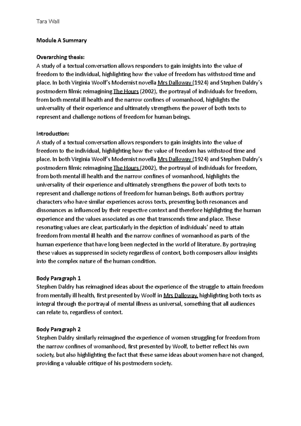 Module A Summary Sheet - Tara Wall Module A Summary Overarching thesis ...