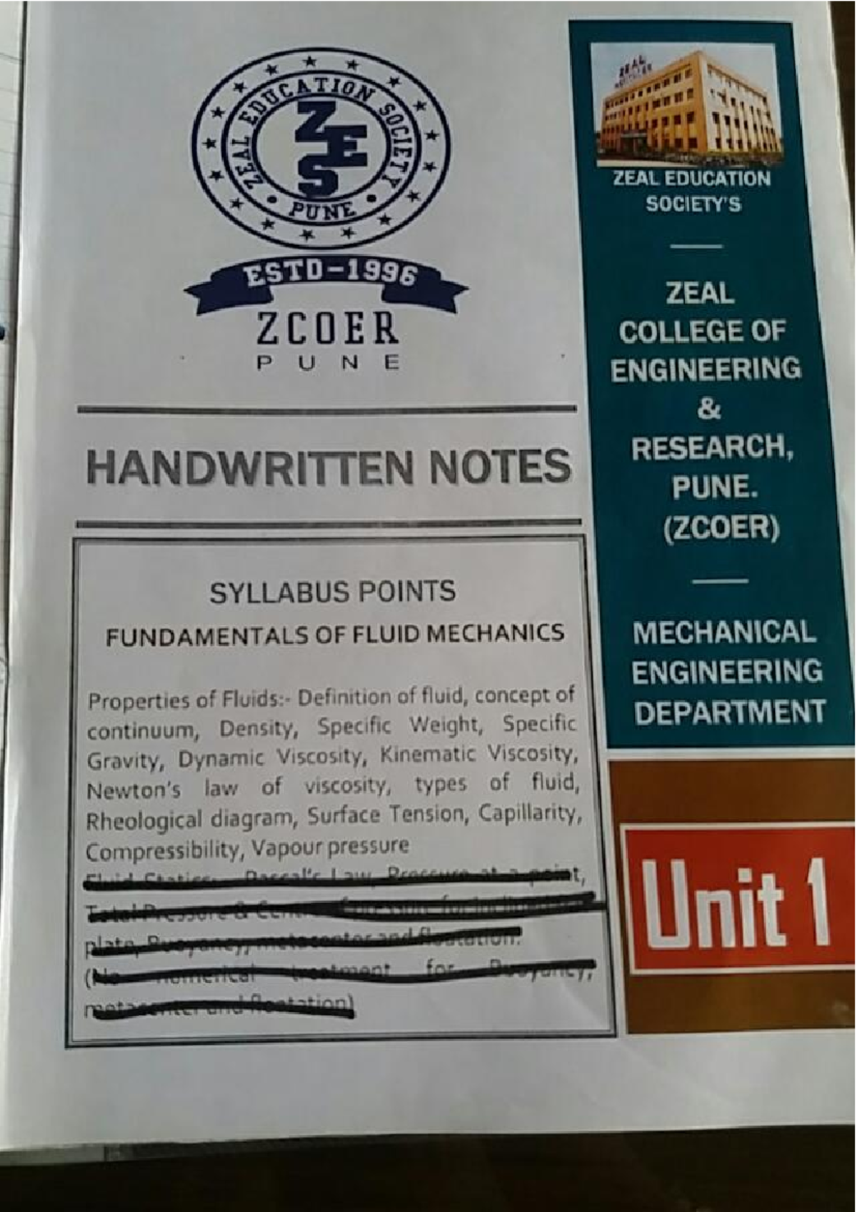 SOCIETY ZV3Z ZCOER MECHANICAL ENGINEERING HANDWRITTEN NOTES: FLUID ...