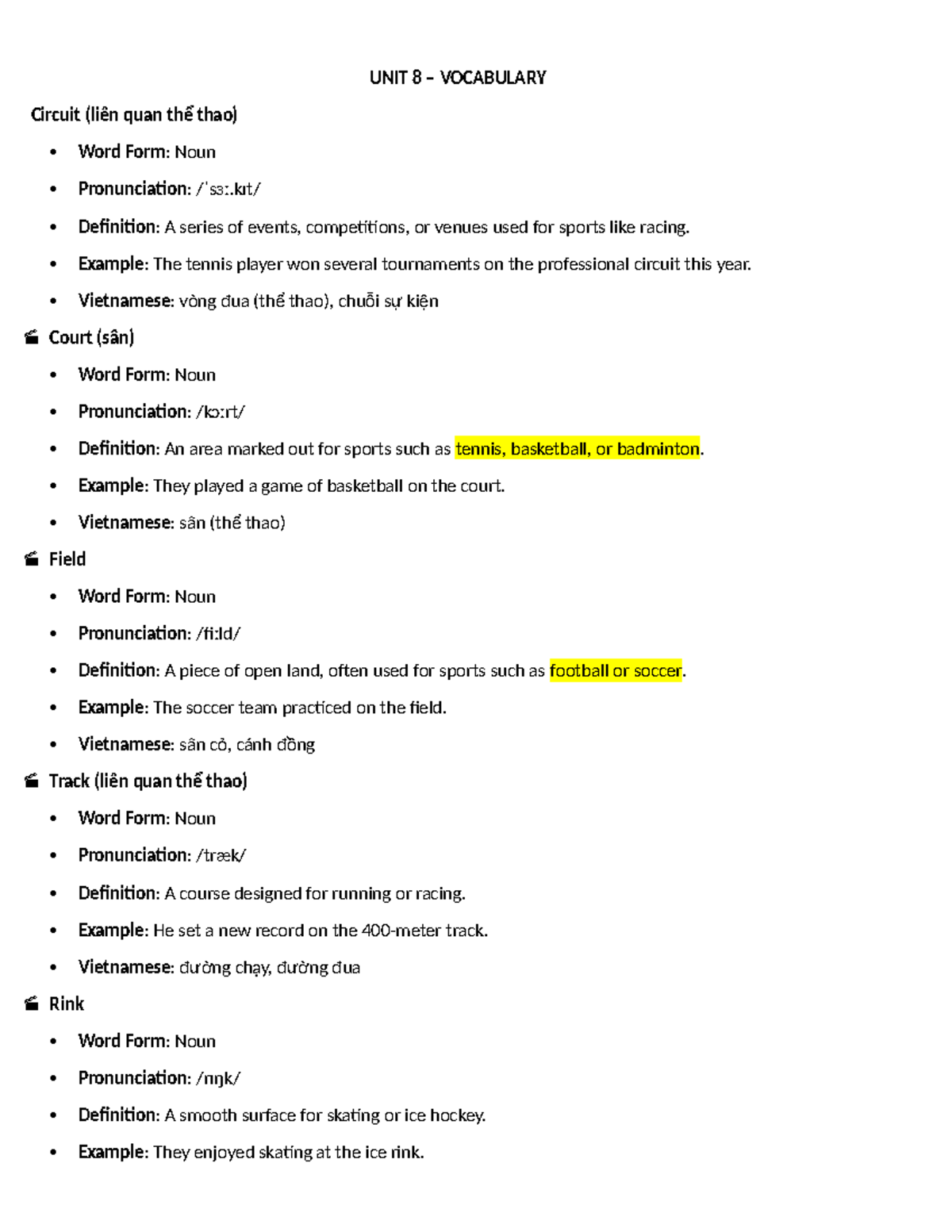 Unit 8 Vocabulary: Sports Terms and Definitions - Studocu