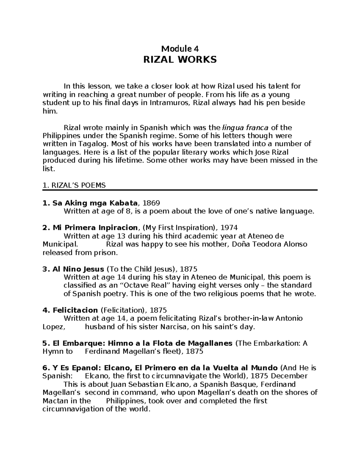 RIZAL WORKS: A Comprehensive Study of His Literary Contributions - Studocu