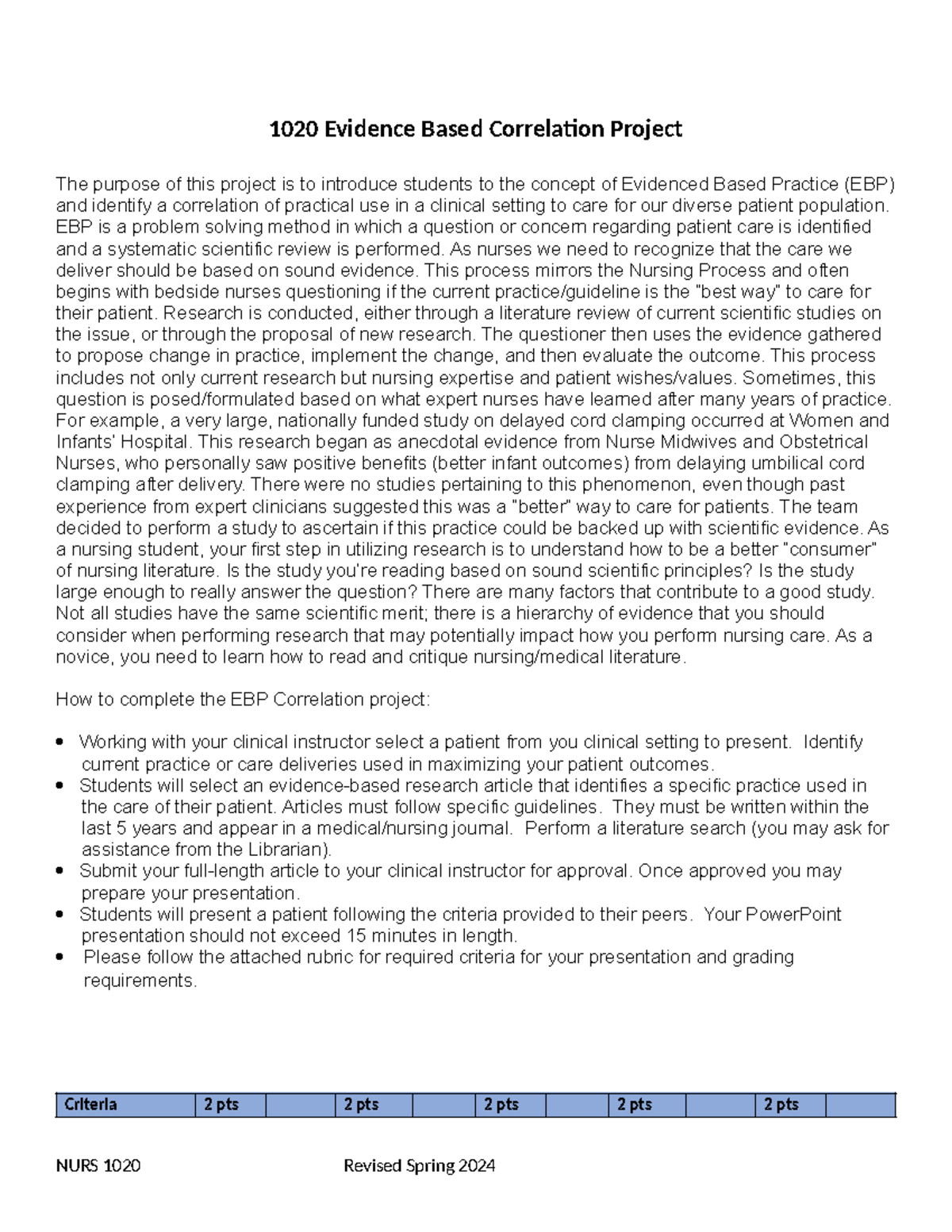 NURS 1020 Evidence Based Correlation Project Updated Grading Grid Fall ...