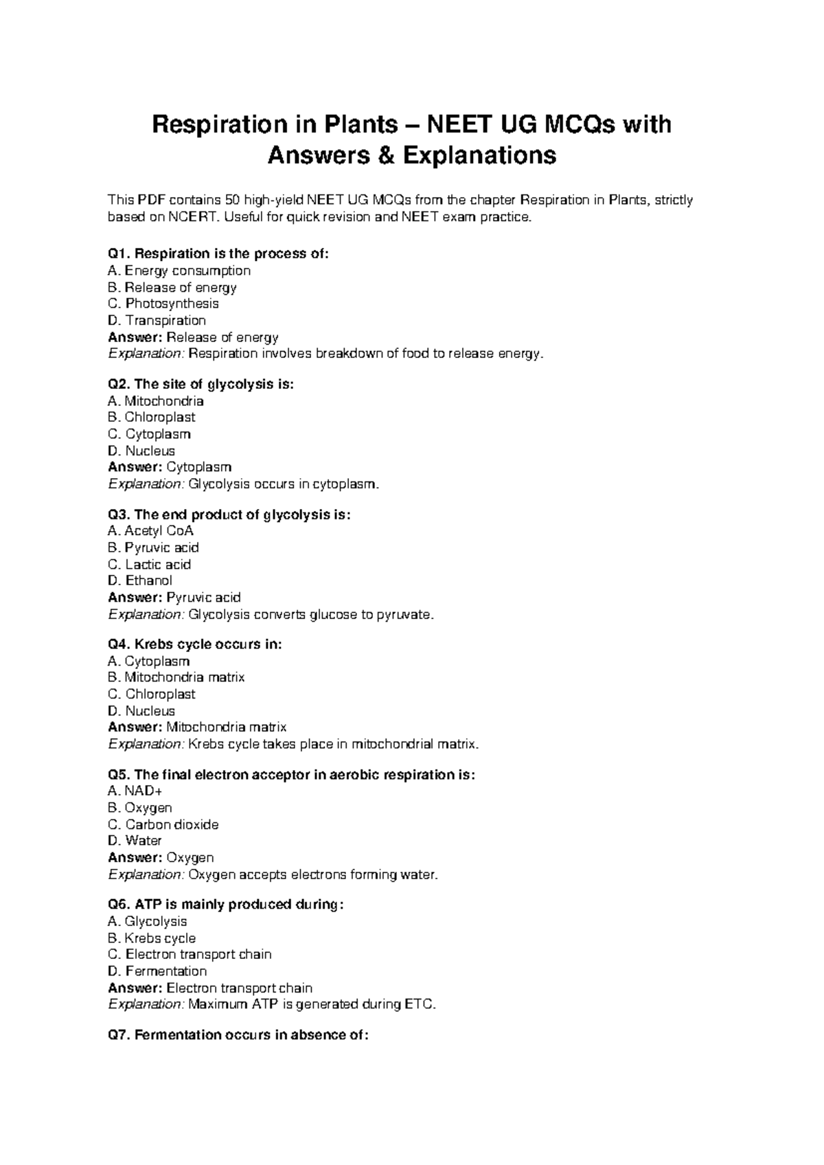 Respiration in Plants – NEET UG MCQs with Answers & Explanations - Studocu