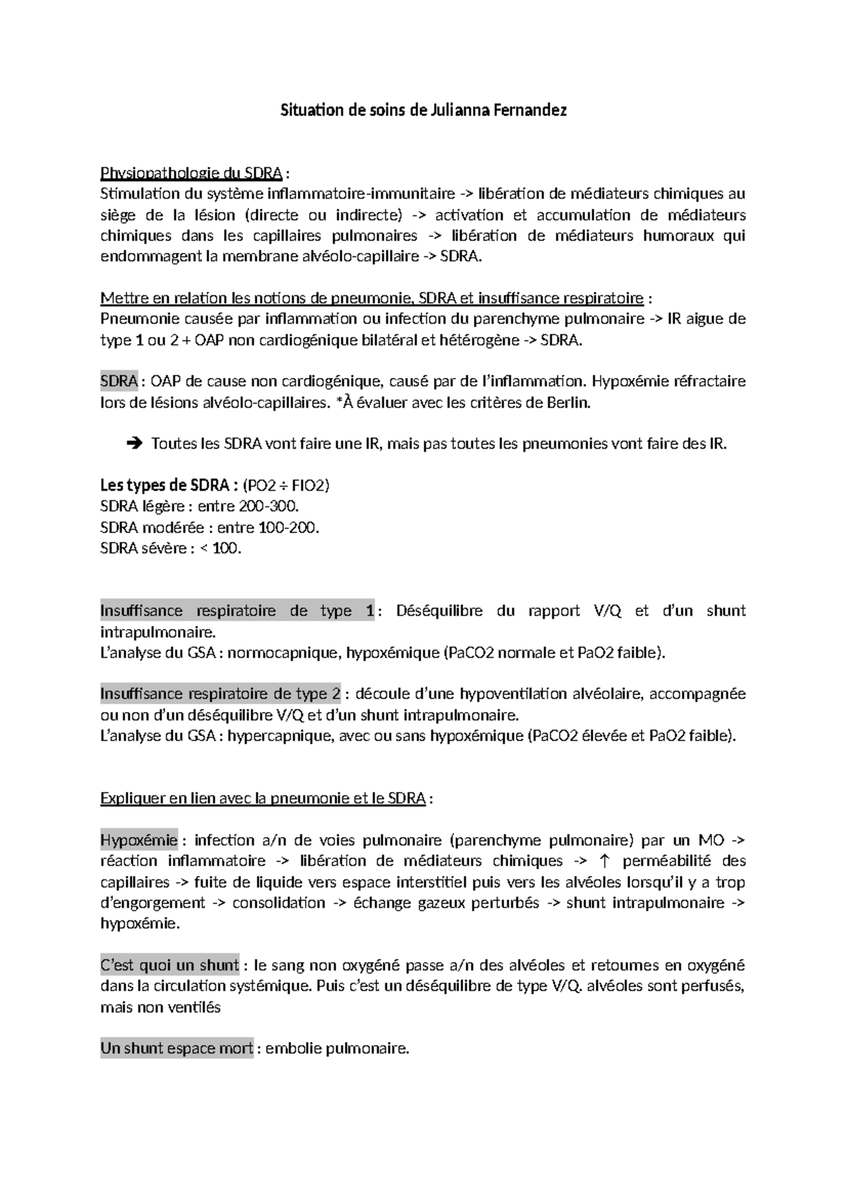 Examen 1 - Physiopathologie du SDRA et Insuffisance Respiratoire - Studocu