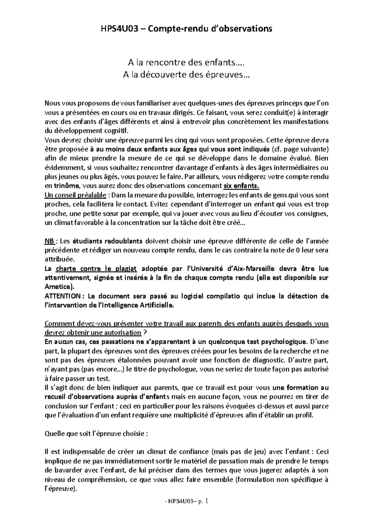HPS4U03 Compte Rendu sur les Épreuves de Développement Cognitif - Studocu