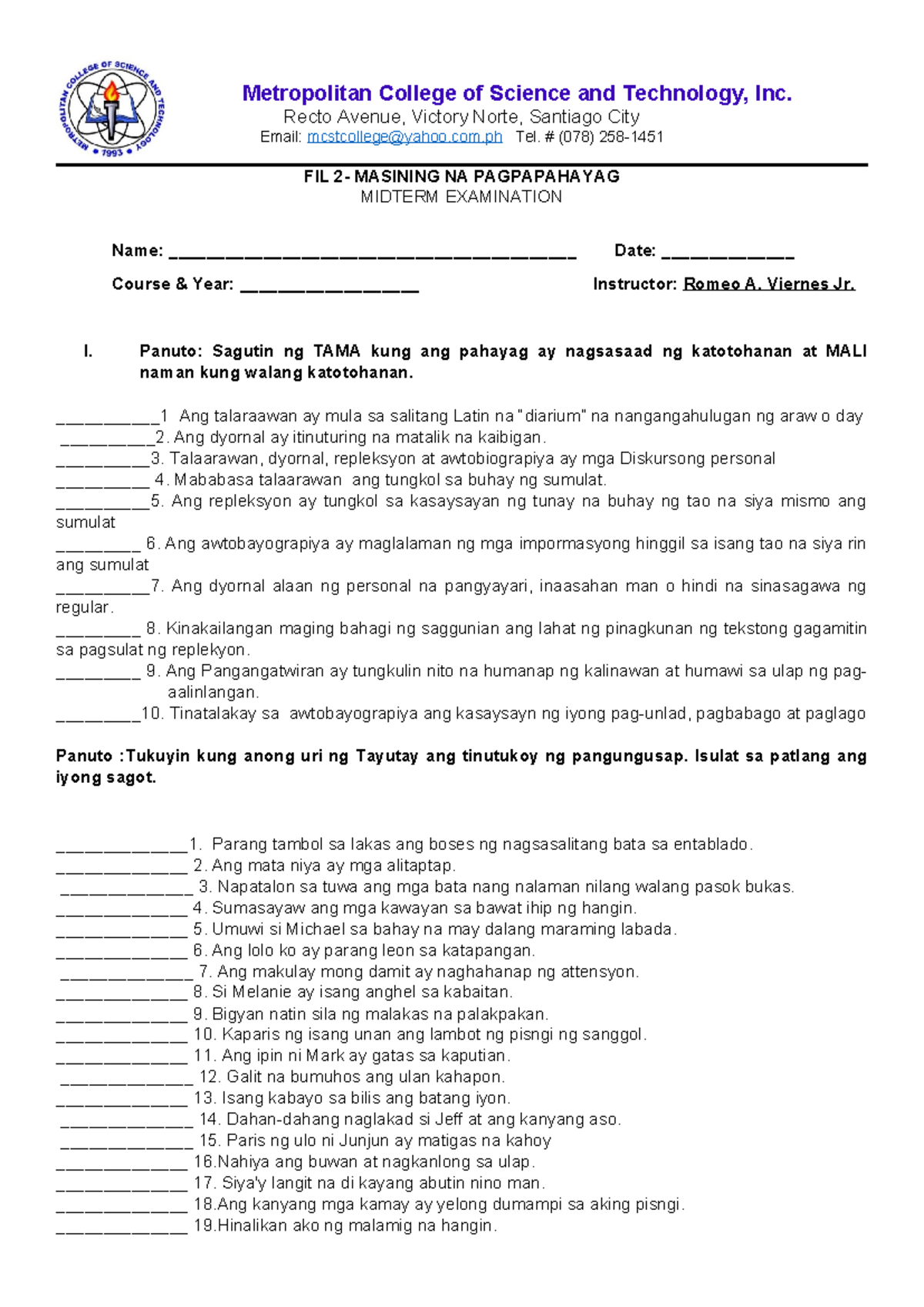 FIL 2 Midterm Exam: Masining na Pagpapahayag Review and Activities ...