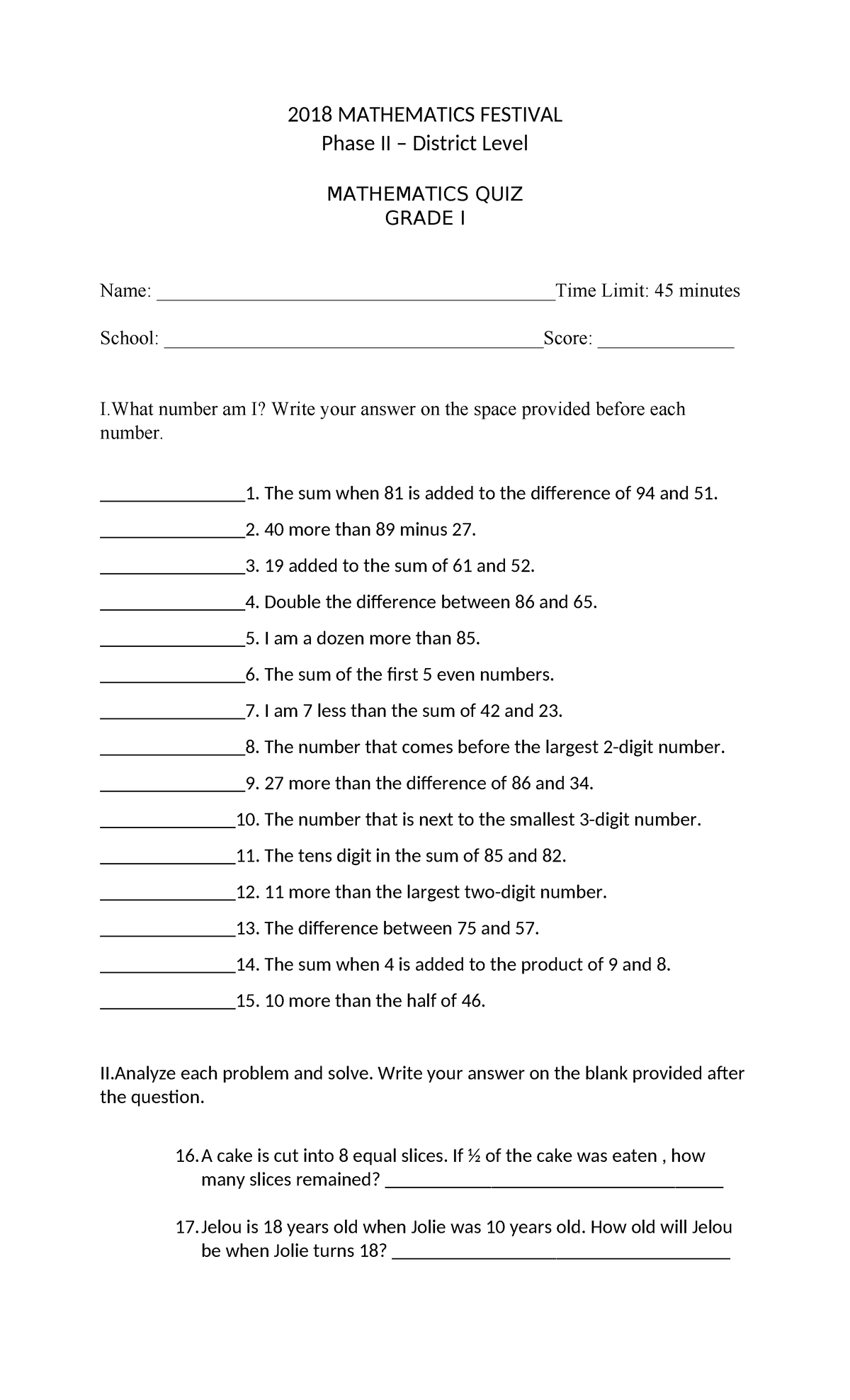2018 MATHEMATICS FESTIVAL Phase II District Level QUIZ GRADE I-IV-VI ...