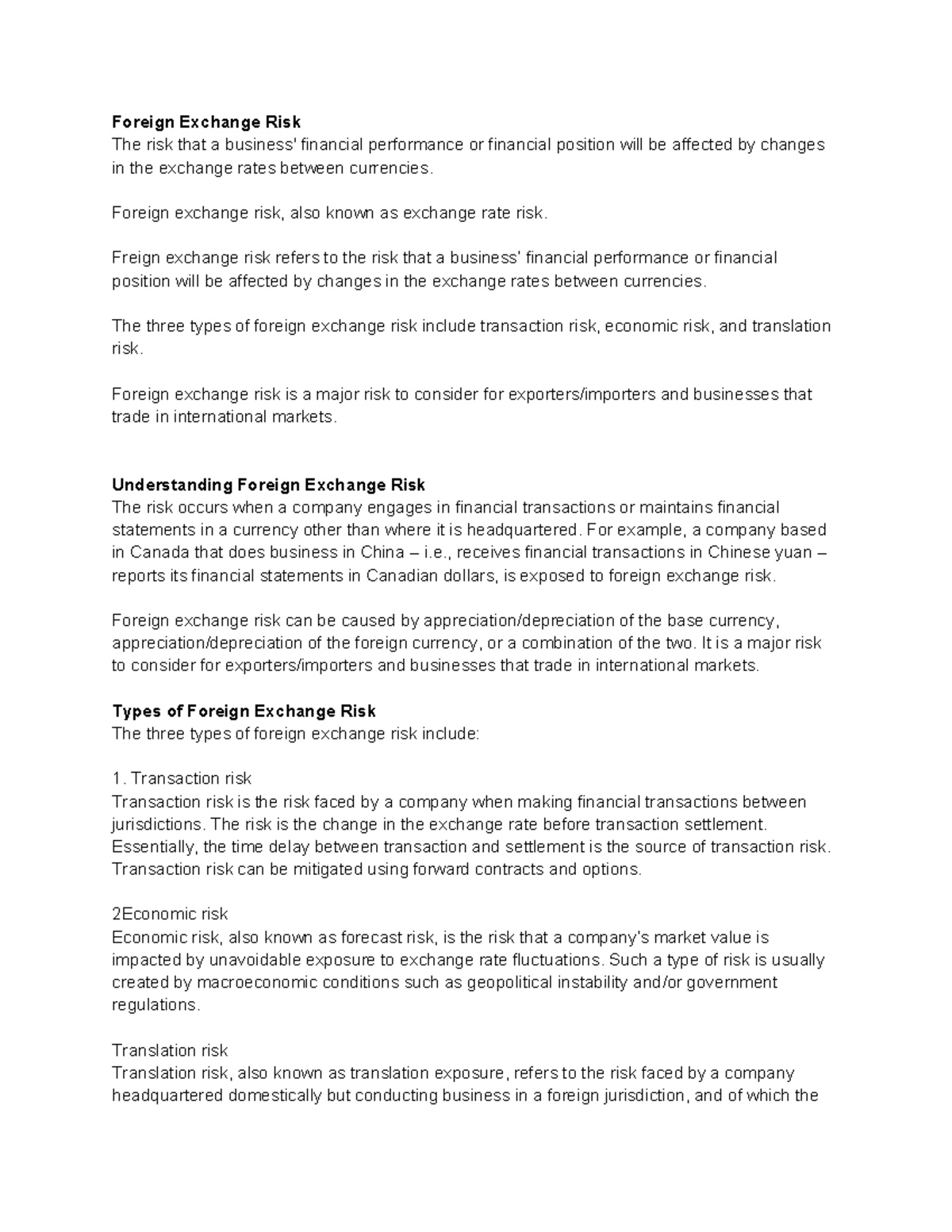 Foreign Exchange Risk: Types and Implications (DOC-20260309-WA0021 ...