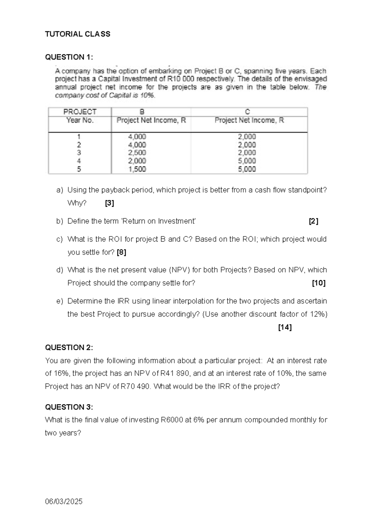 Question 1 - Estimation & selection - TUTORIAL CLASS QUESTION 1: a ...