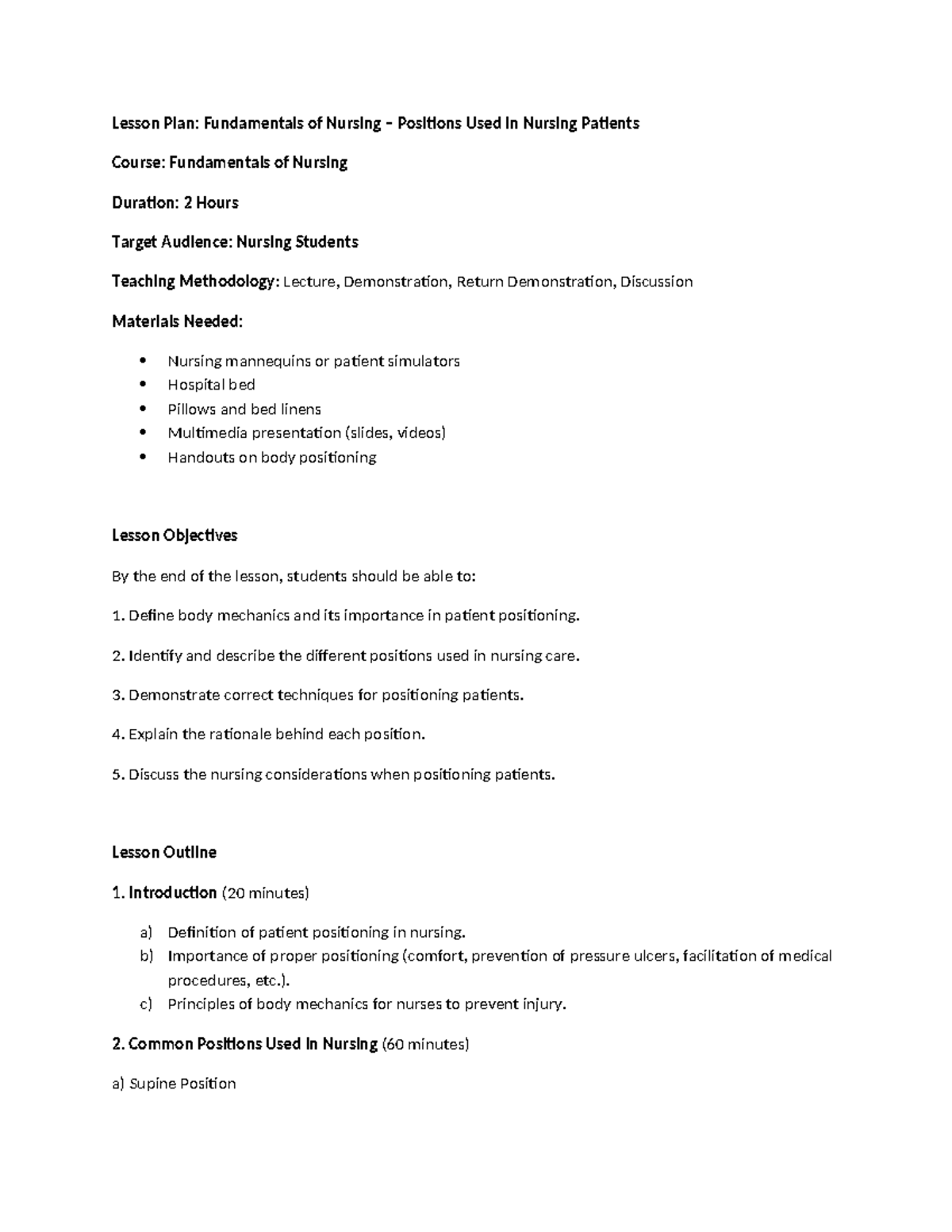 Lesson Plan: Nursing Positions in Patient Care (NUR 101) - Studocu