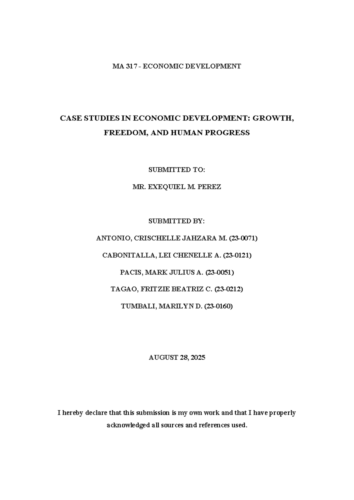MA 317 CASE STUDIES IN ECONOMIC DEVELOPMENT: UGANDA, QATAR, AND ...
