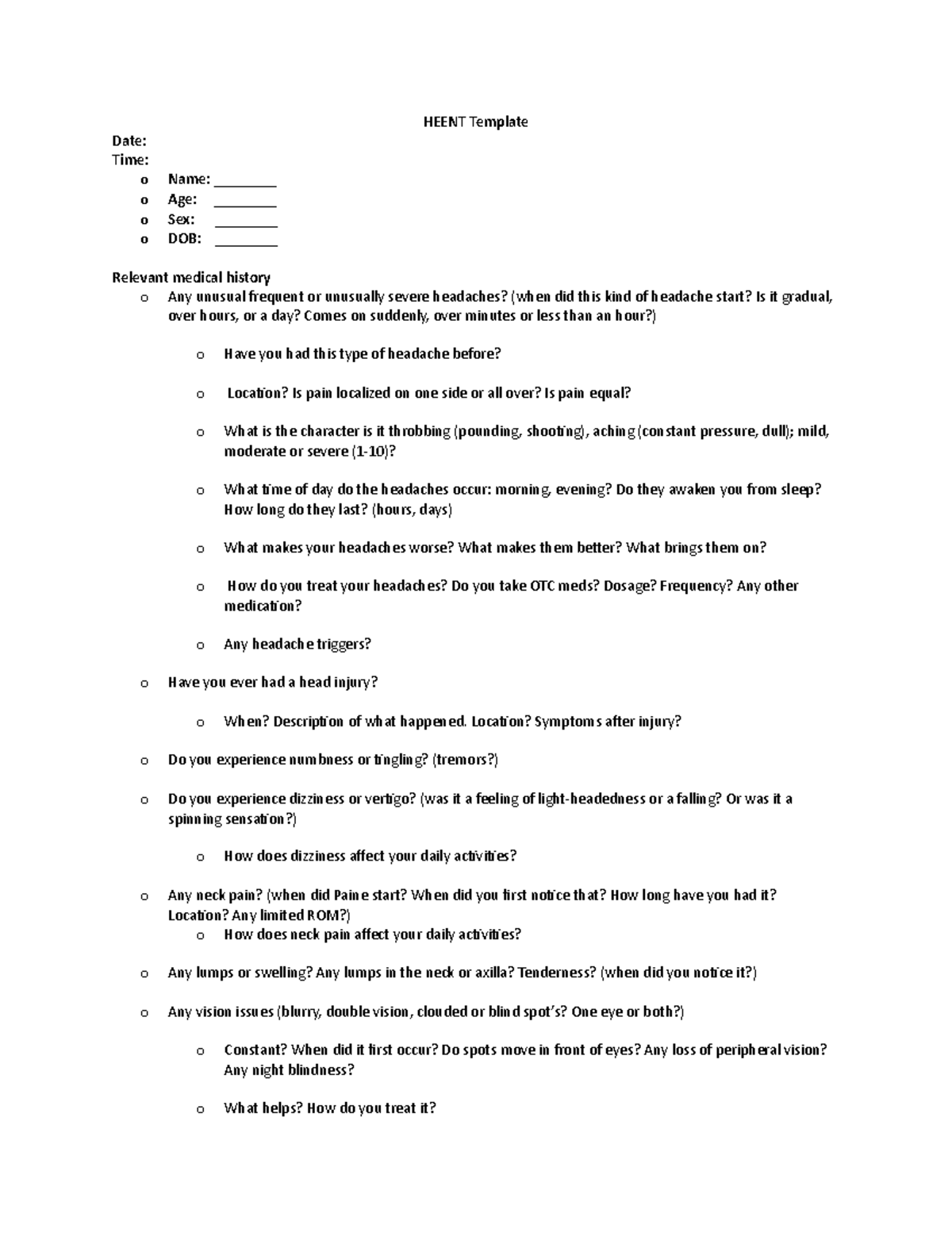 HEENT Assessment Template for Patient Evaluation - Studocu