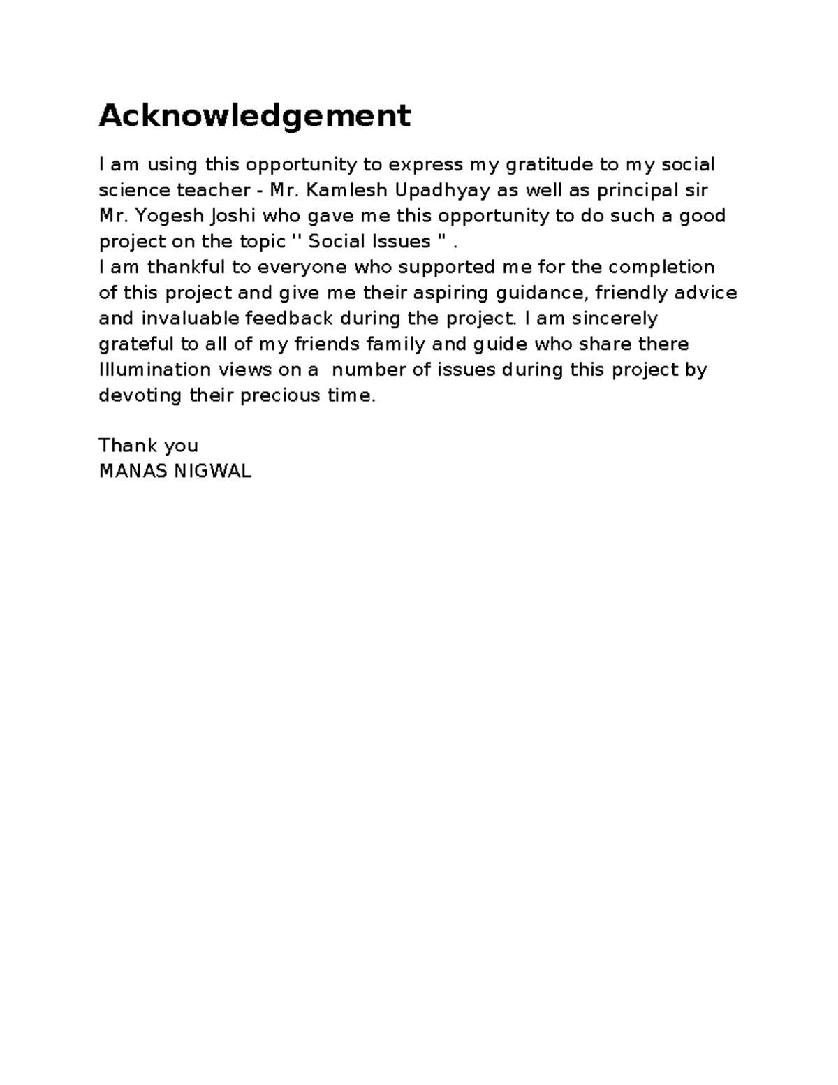 AK - Acknowledgement Report on Social Issues Project - Studocu