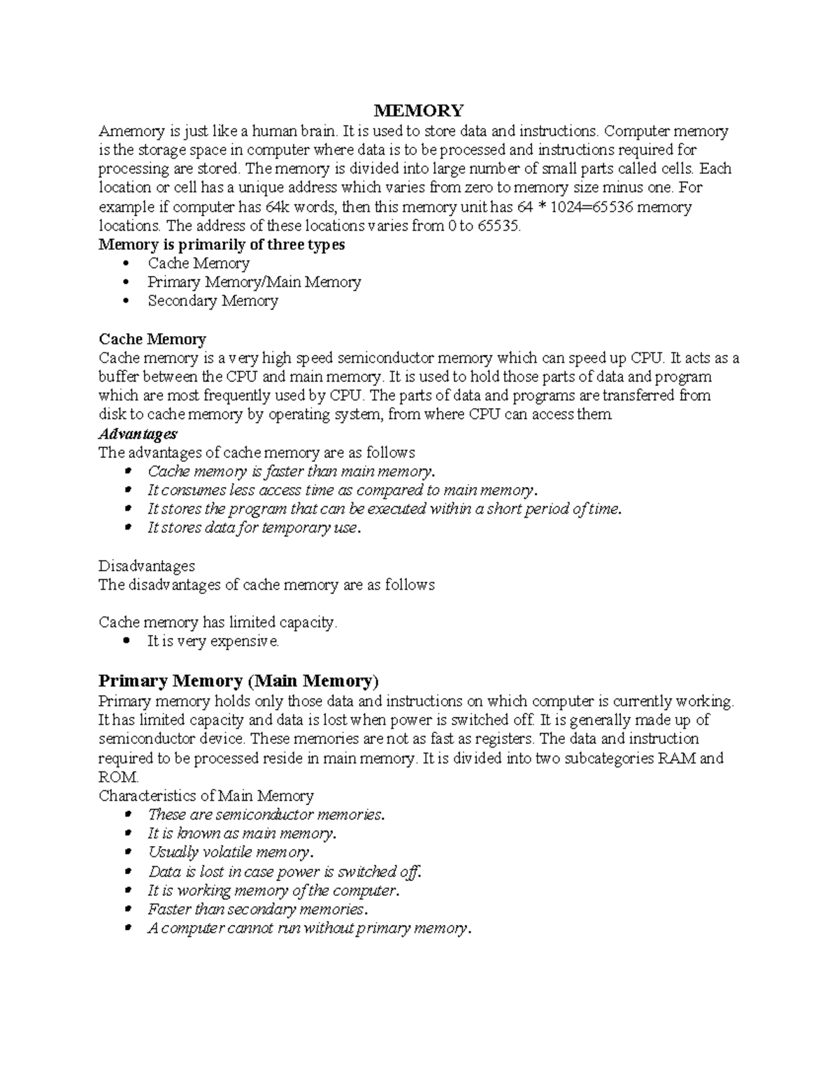 Memory - Lecture Notes on Computer Science (CS101) - Studocu