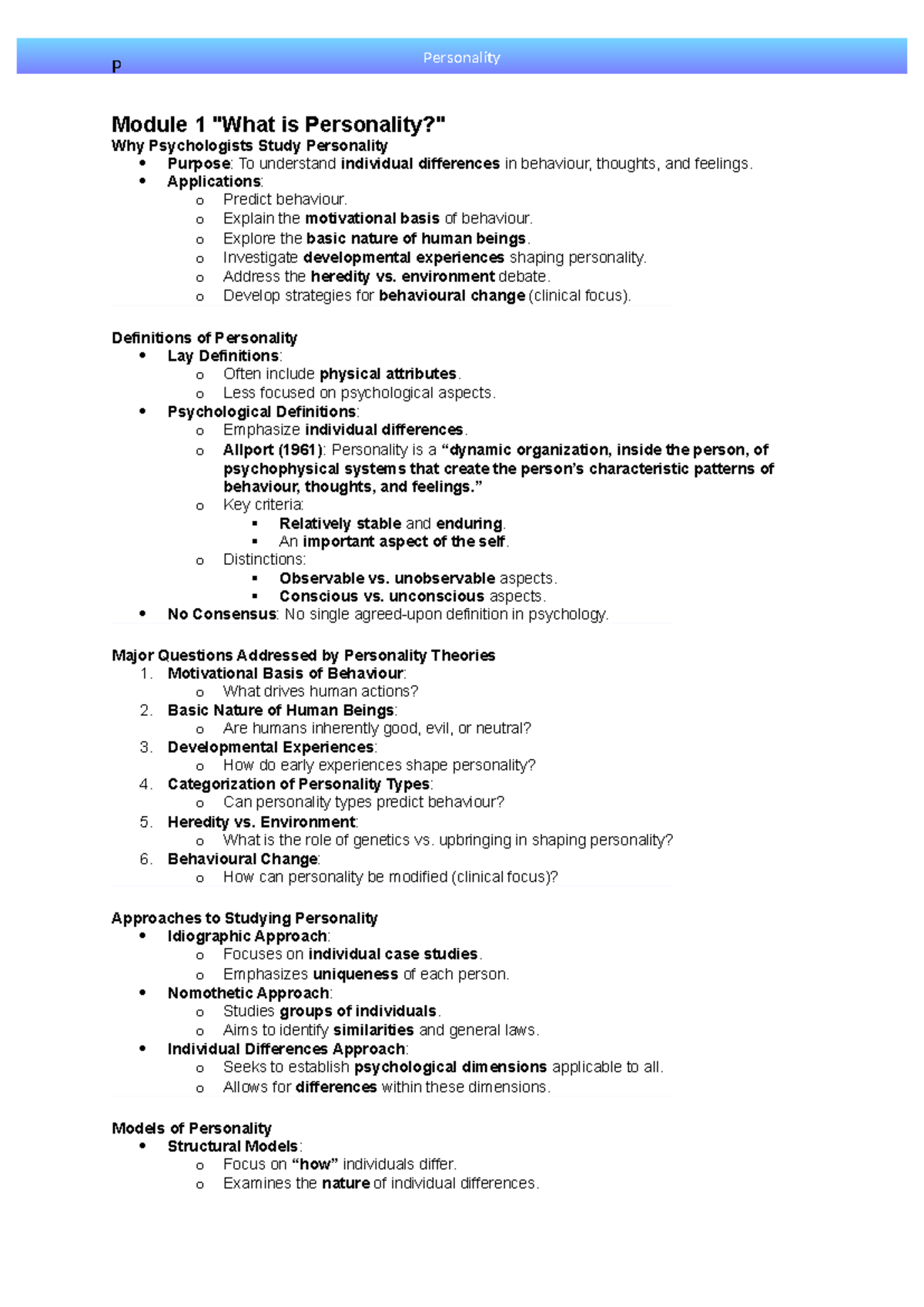 Personality Module Notes - P Module 1 
