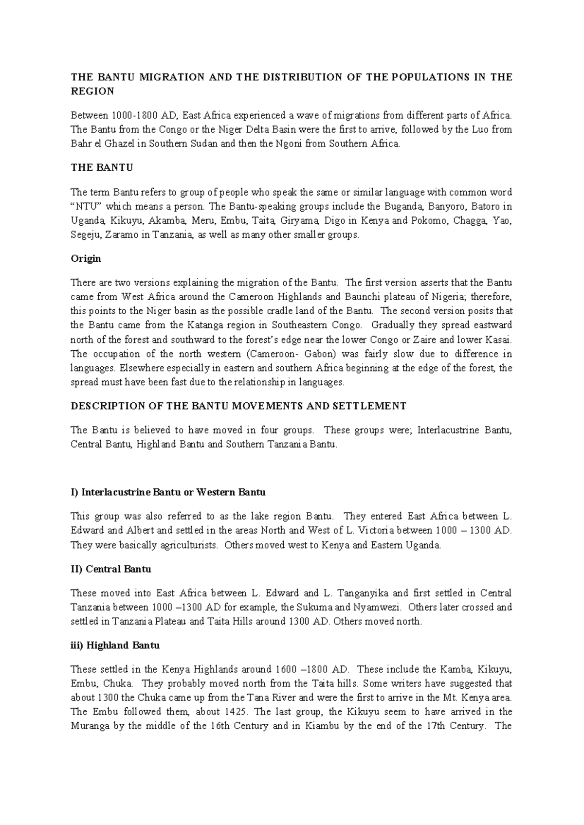 Bantu Migration and Population Distribution in East Africa (HIST 101 ...