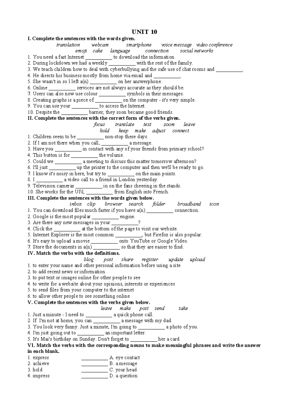 UNIT 10 - Complete Sentences & Verbs Practice for Global Success 8 ...
