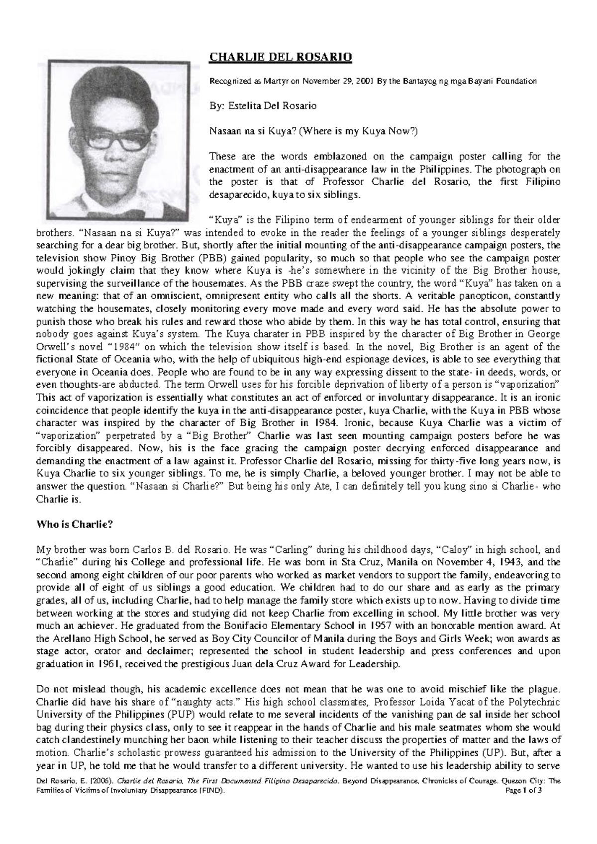 Charlie del Rosario: The First Filipino Desaparecido—A Brother's Tale ...