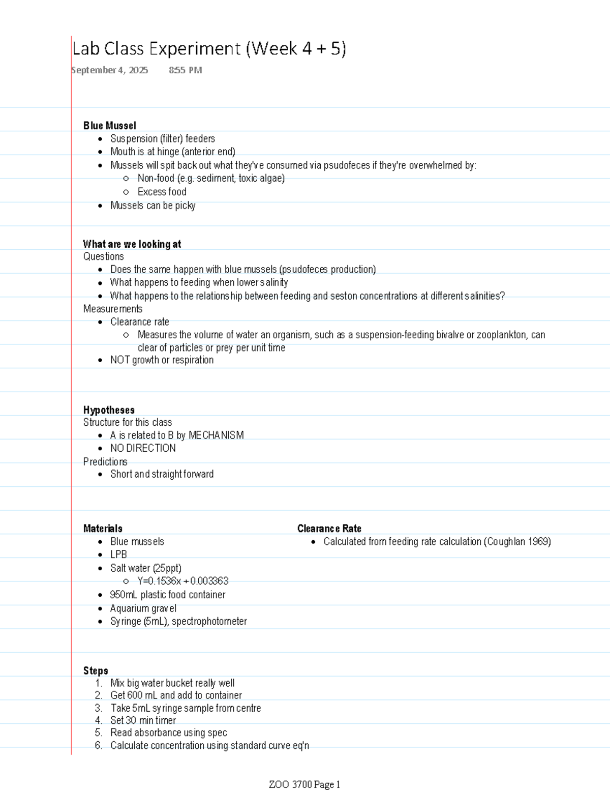 Zoo 3700 Lab Class Experiment Notes: Blue Mussel Feeding Study - Studocu