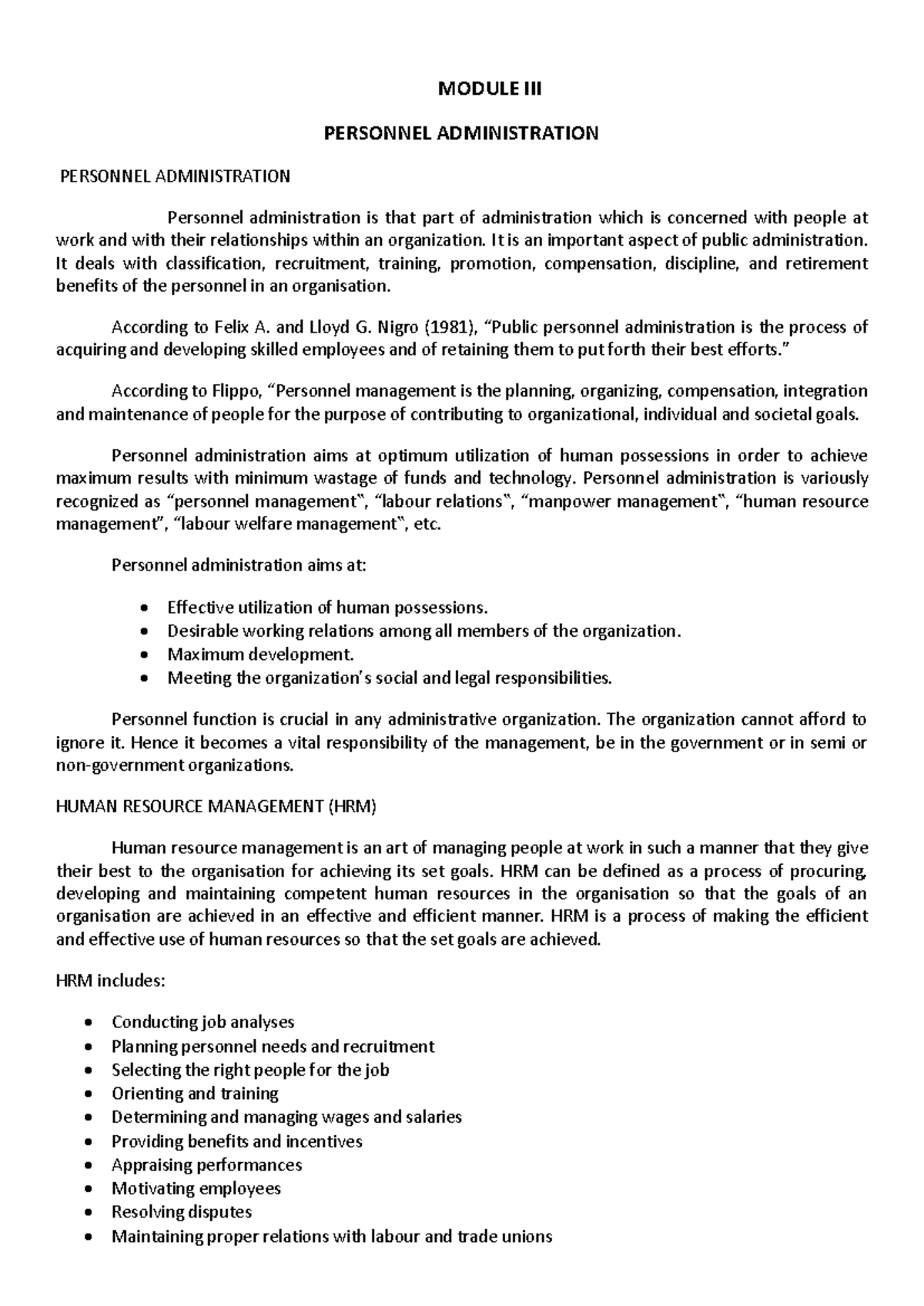 Module III PA - Lecture Notes on Personnel Administration and HRM - Studocu