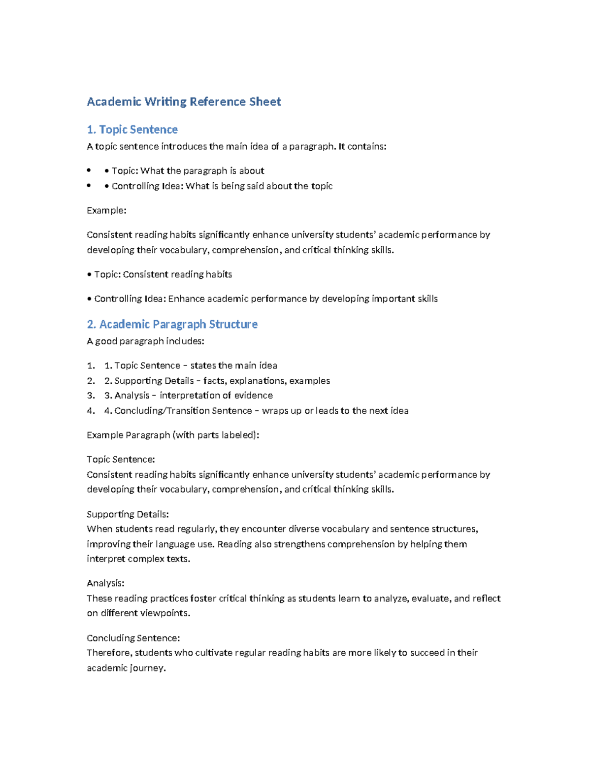 Academic Writing Reference Sheet: Key Elements for Success - Studocu