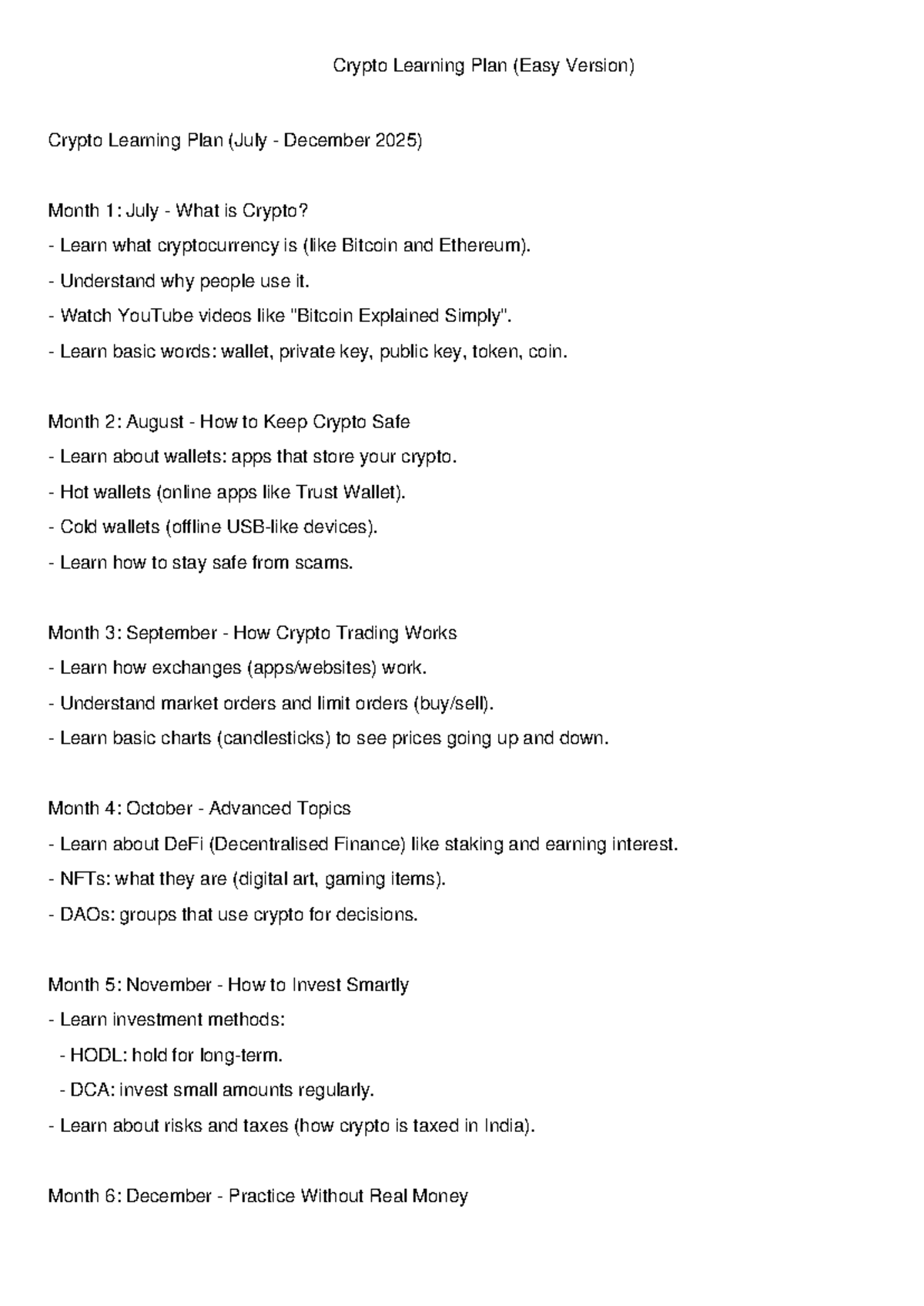 Crypto Learning Plan (Easy Version) - July to December 2025 - Studocu