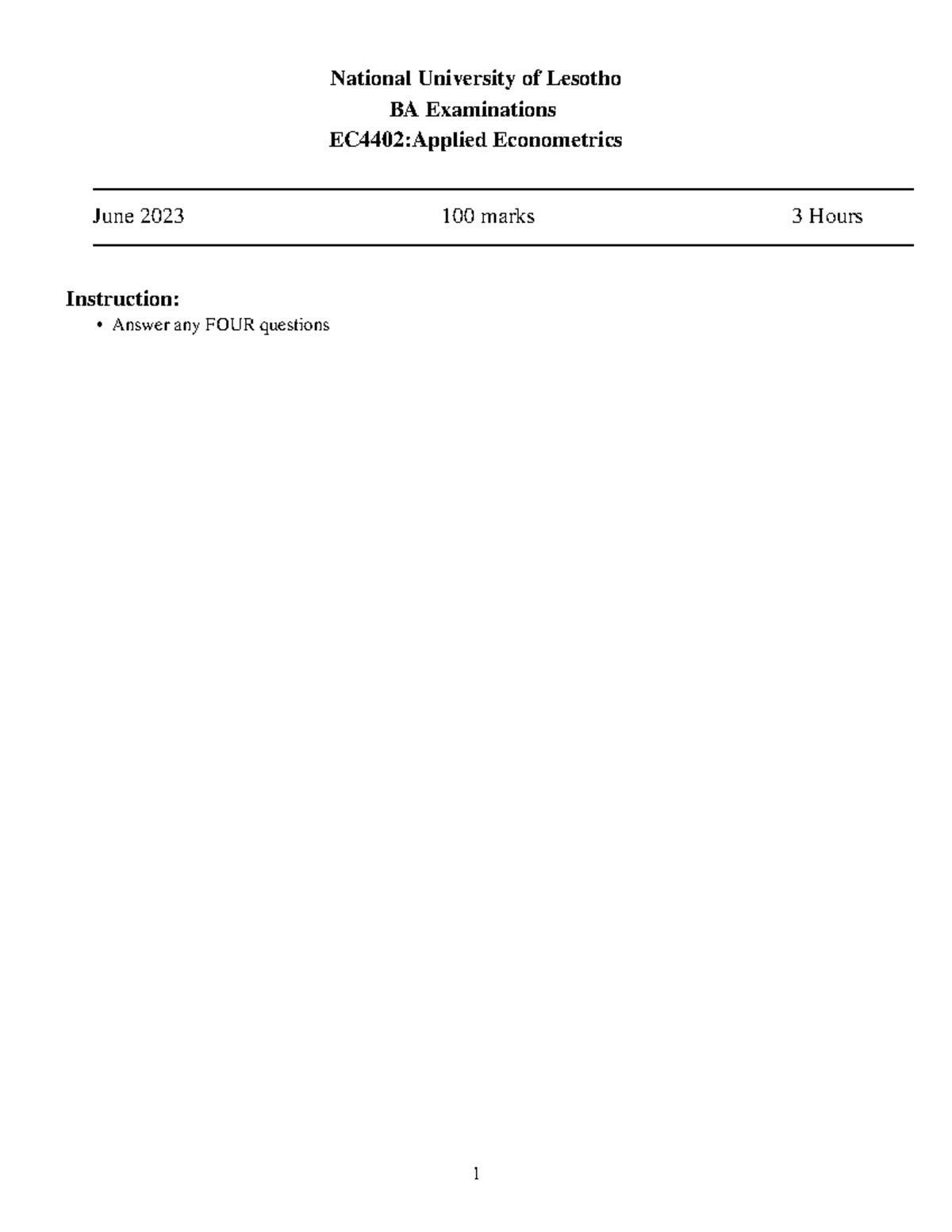 EC4402: Applied Econometrics Final Exam Paper - June 2023 - Studocu