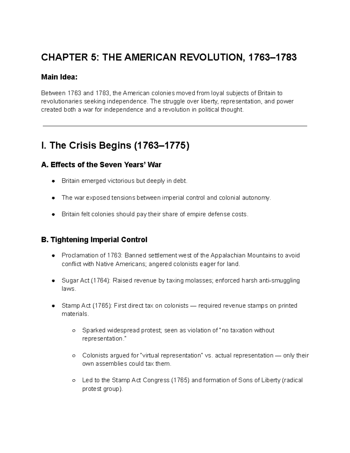 APUSH CHAPTER 5: THE AMERICAN REVOLUTION - Key Events & Ideas - Studocu