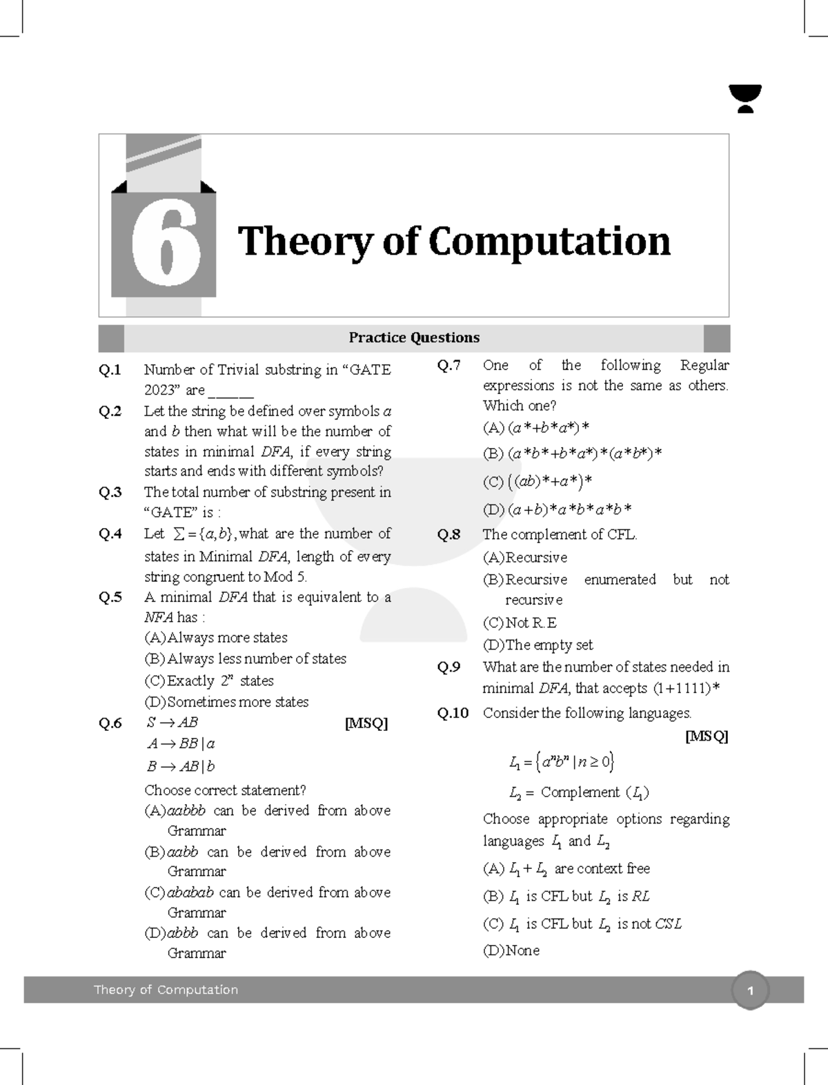 Theory of Computation - TOC Practice Questions and Answers - Studocu