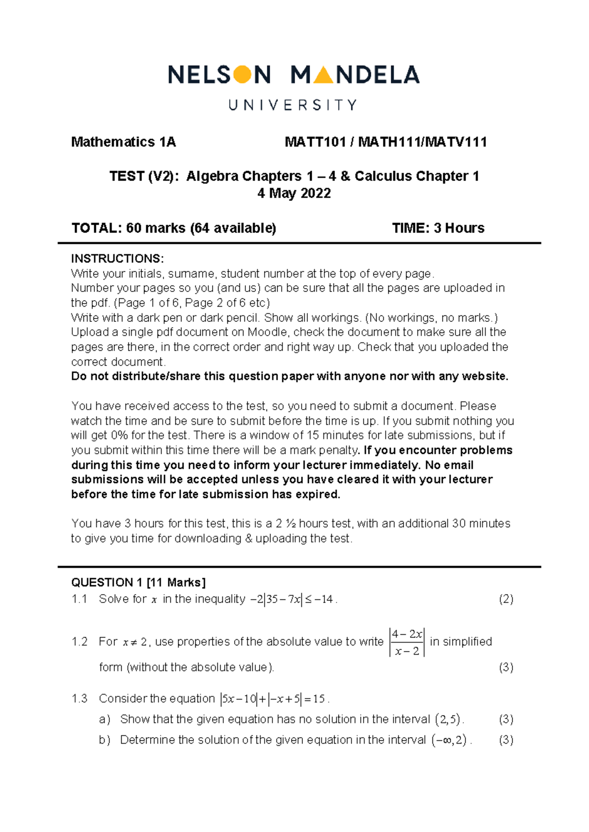 Mathematics 1A MATT101 Test 1 (V2): Algebra & Calculus Concepts - Studocu