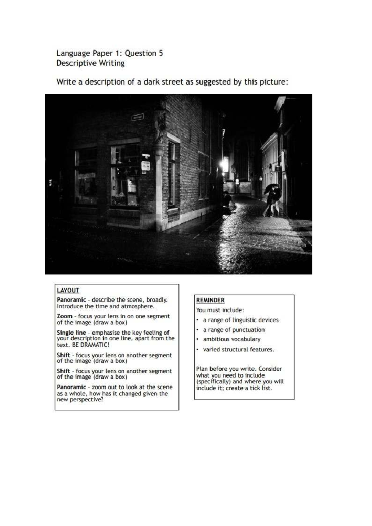 Language Paper 1: Q5 Descriptive Writing Practice - Dark Street Scene ...