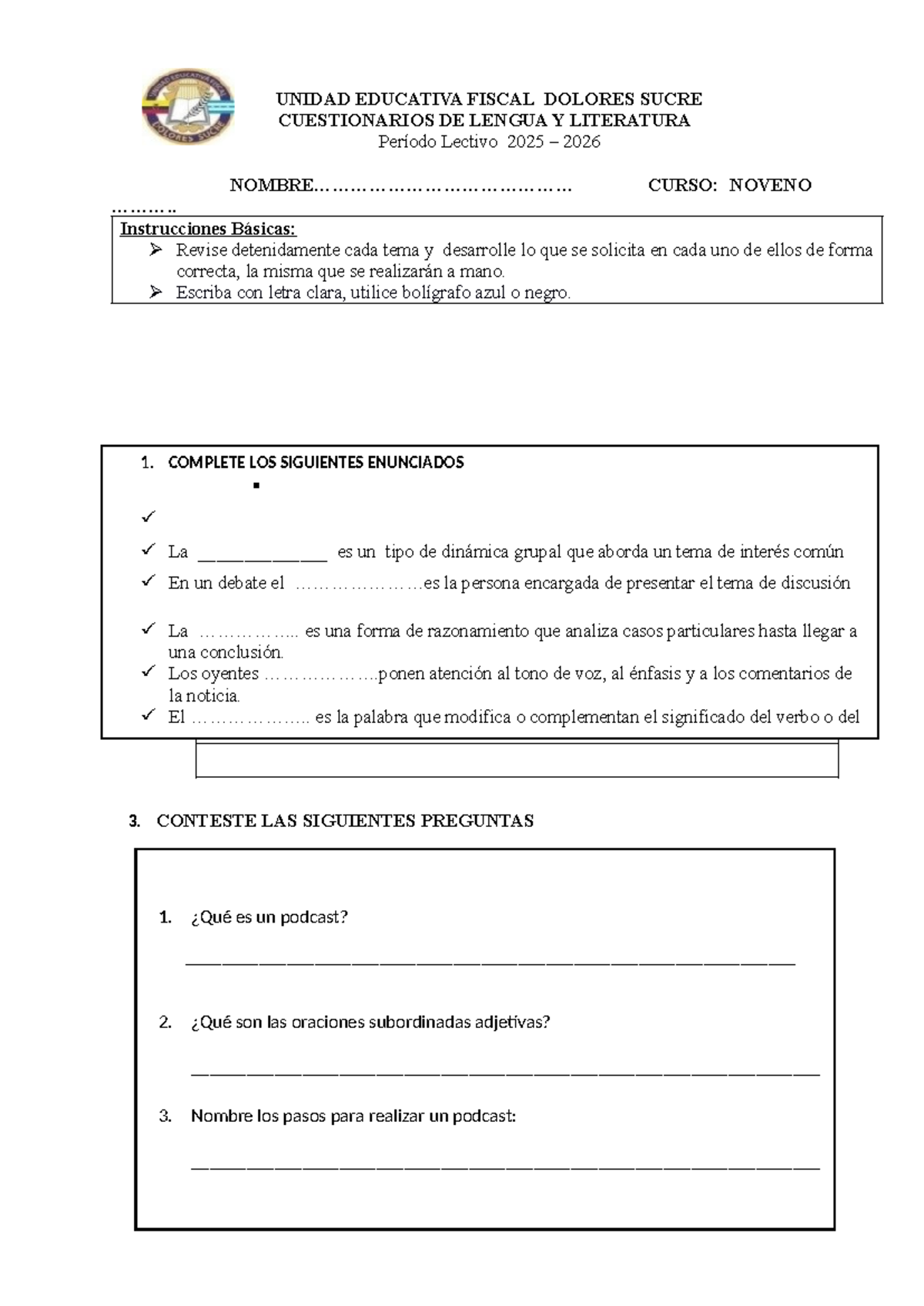CUESTIONARIO DE LENGUA Y LITERATURA - CURSO NOVENO 2025-2026 - Studocu