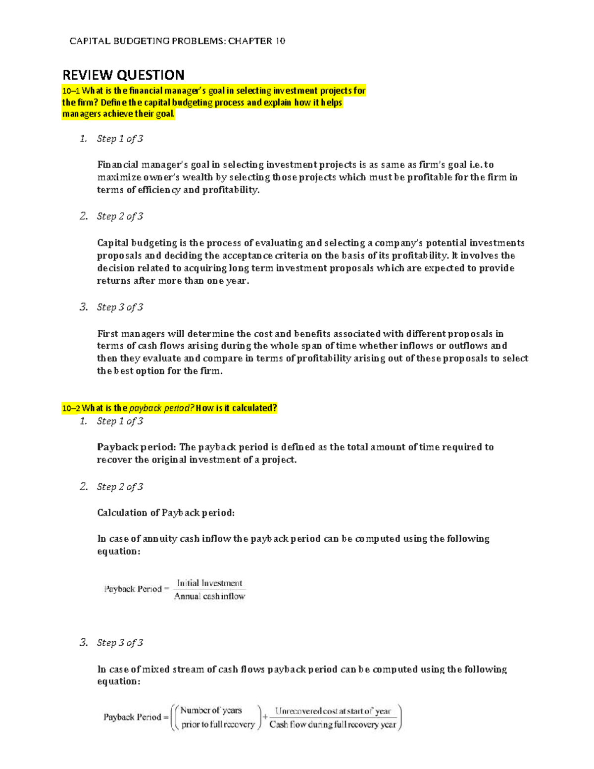 CAPITAL BUDGETING PROBLEMS: CHAPTER 10 REVIEW & SOLUTIONS - Studocu