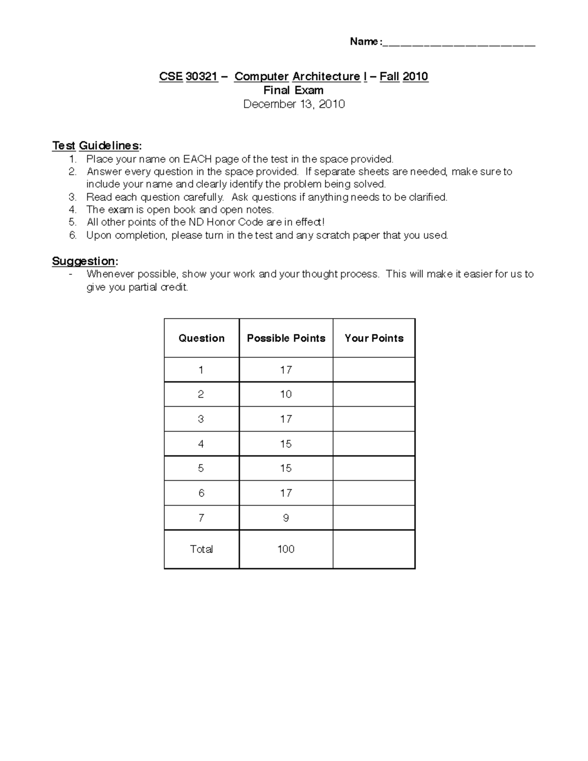 CSE 30321 Fall 2010 Final Exam Solutions and Key Concepts - Studocu