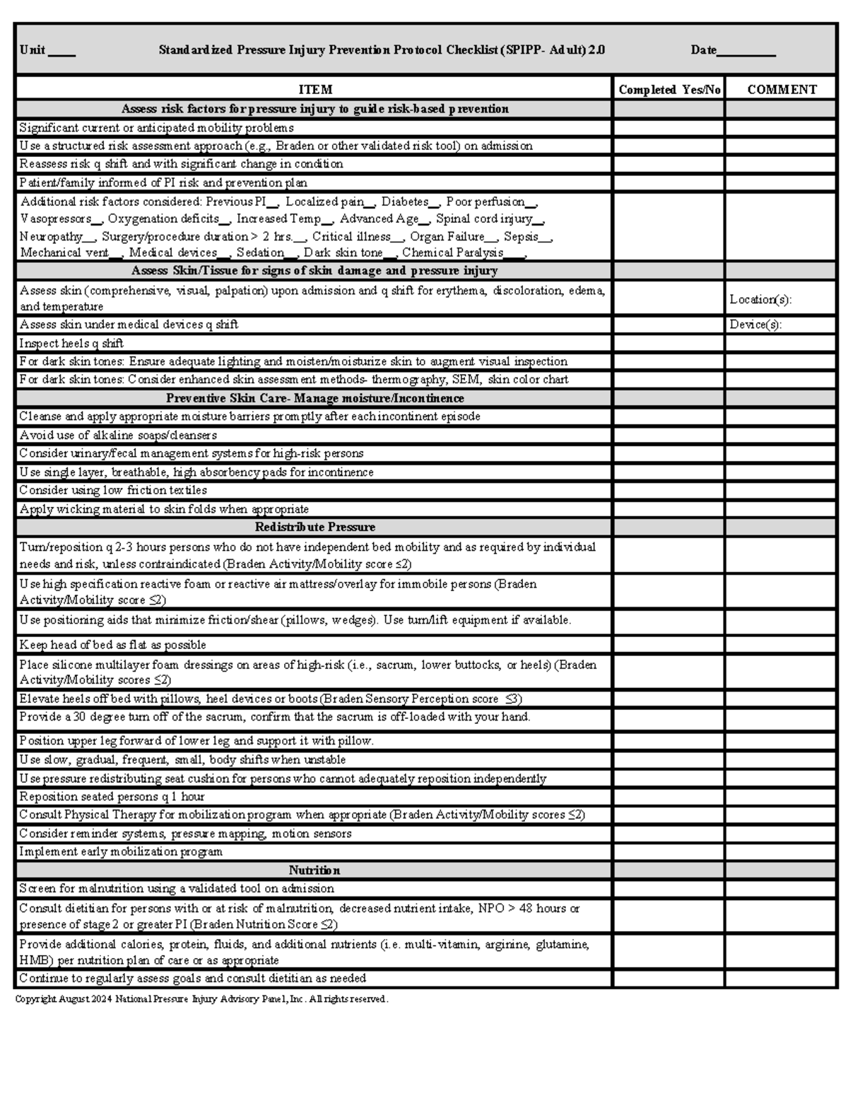 SPIPP 2.0: Standardized Pressure Injury Prevention Protocol Checklist ...