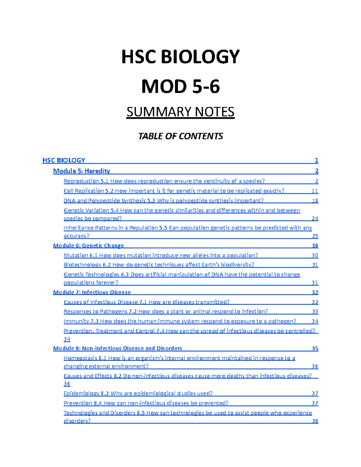 HSC BIOLOGY MOD 5-6 SUMMARY NOTES ON HEREDITY & DISEASE - Studocu