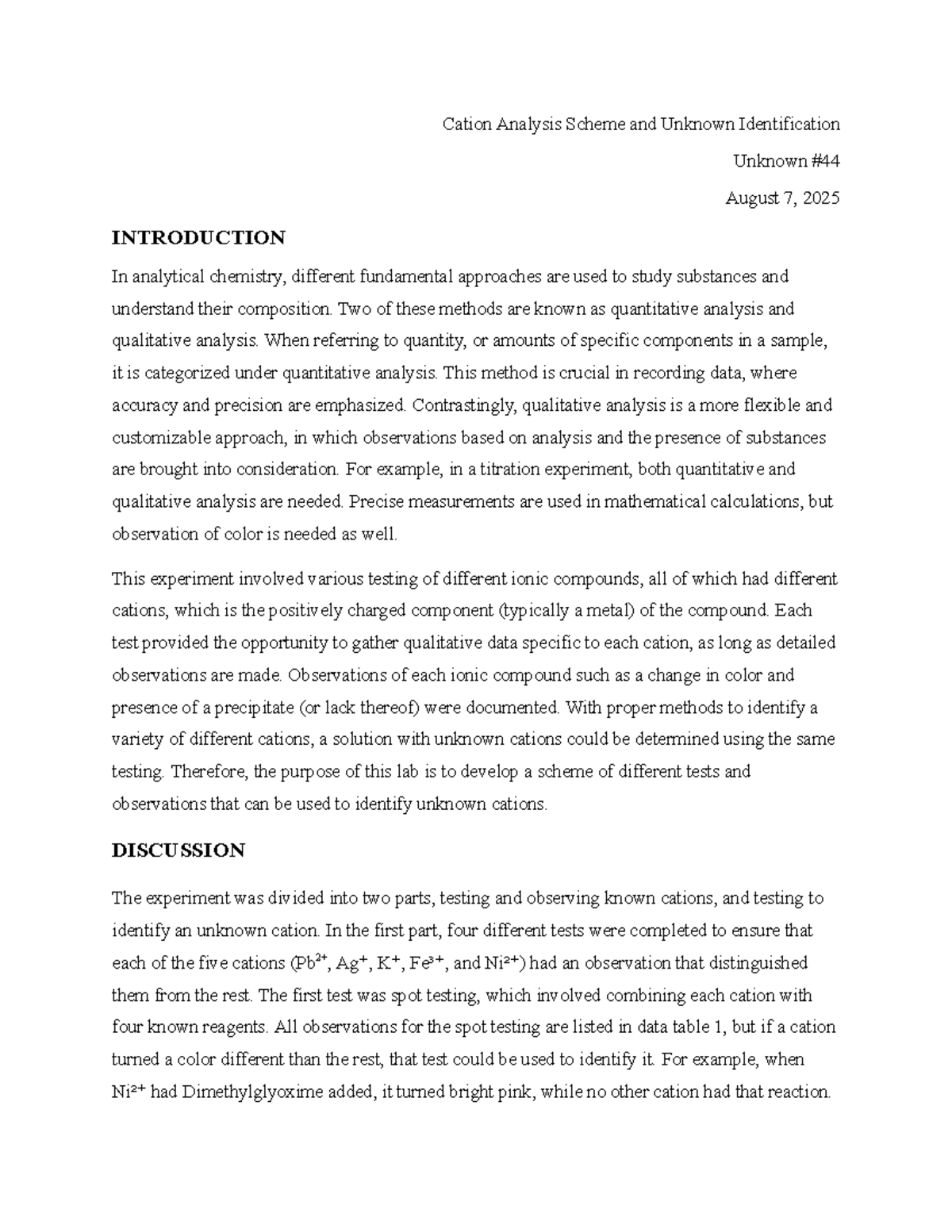 Cation Analysis Scheme & Unknown Identification - Chem C126 Lab Report ...
