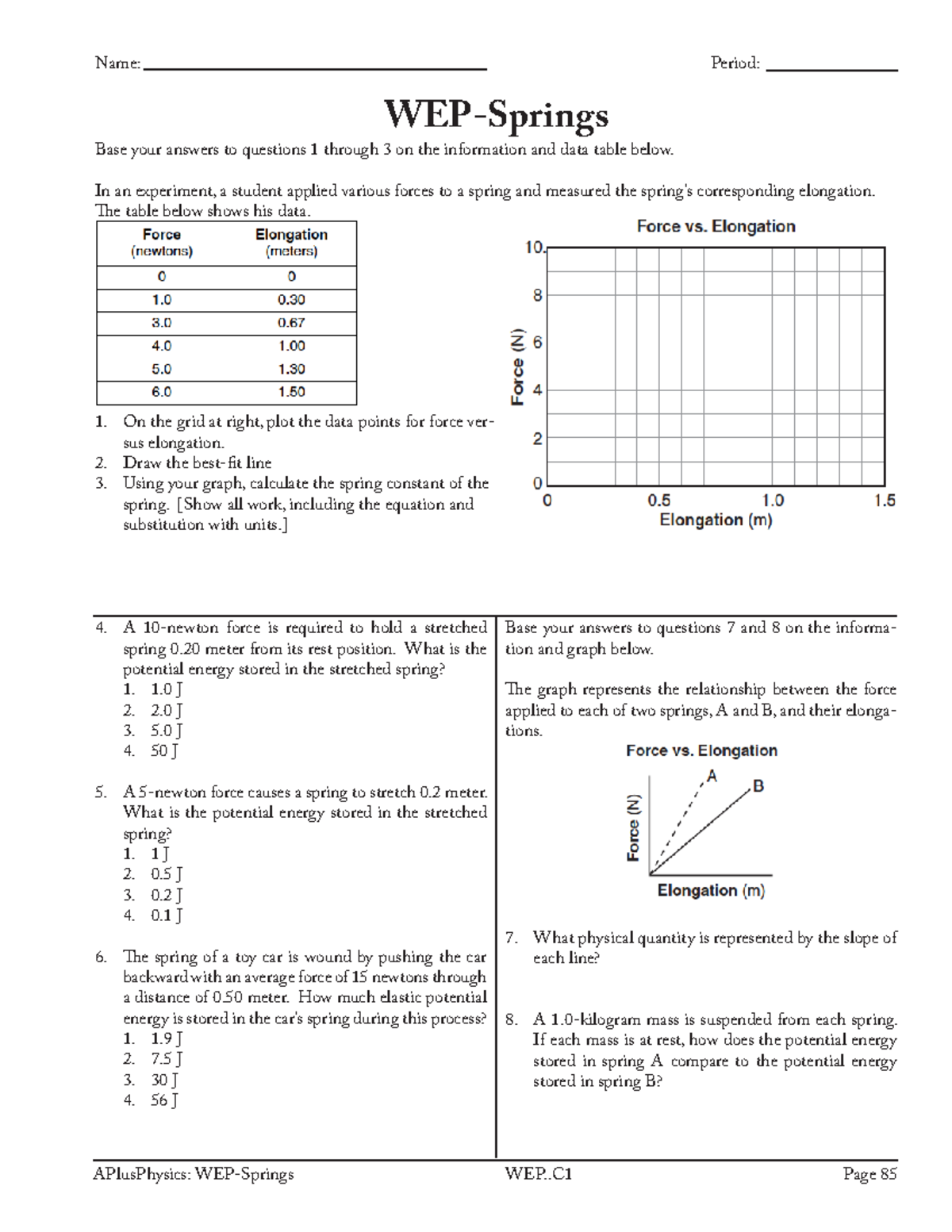 WEP-Springs Study Guide: Problems & Solutions on Potential Energy - Studocu