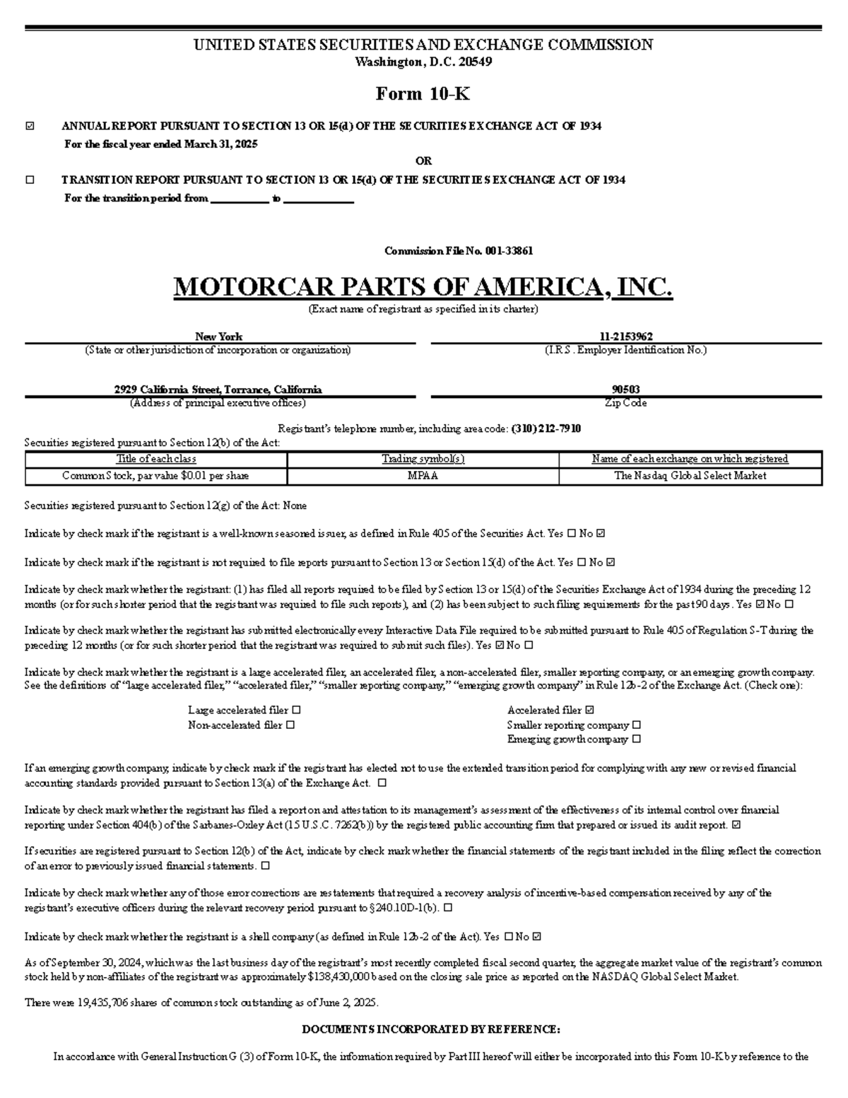 MOTORCAR PARTS OF AMERICA, INC. Annual Report 2025 (Form 10-K) - Studocu