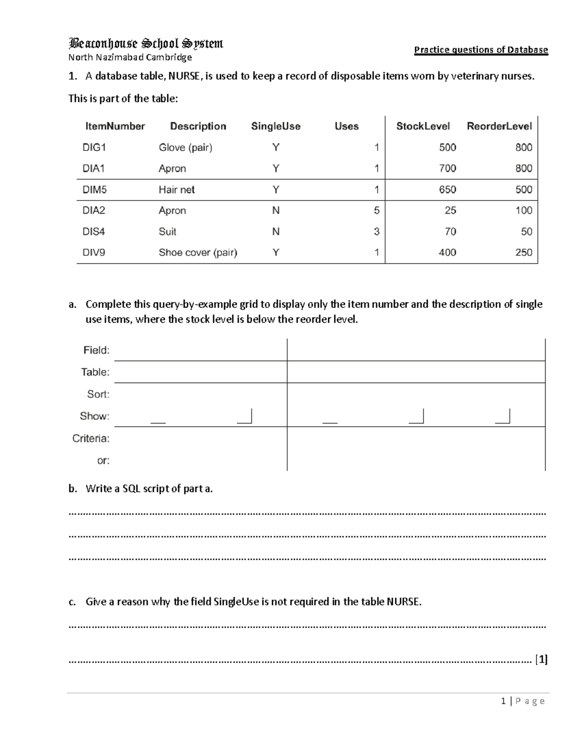 Database Practice Questions - Lecture Notes and Exercises - Studocu