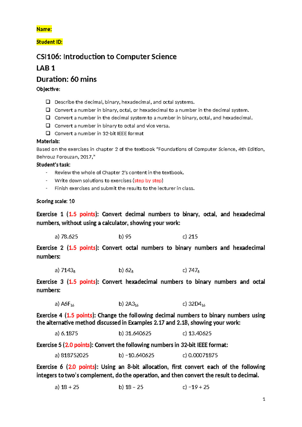 CSI106: Lab 1 - Number System Conversions and Exercises - Studocu