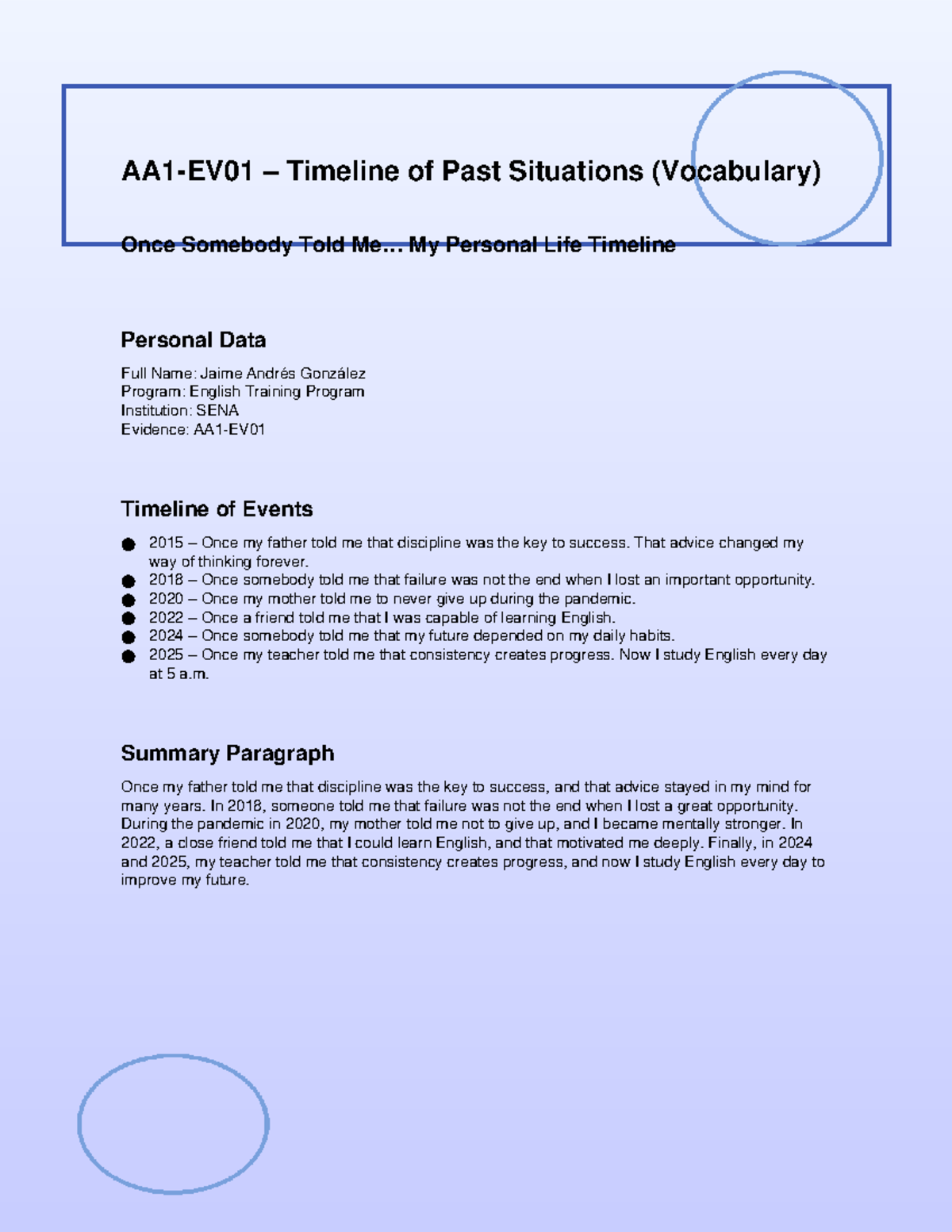 AA1 EV01 Timeline of Influential Life Lessons - Studocu