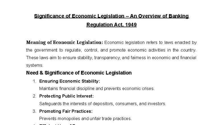 Significance of Economic Legislation: Overview of Banking Reg. Act ...