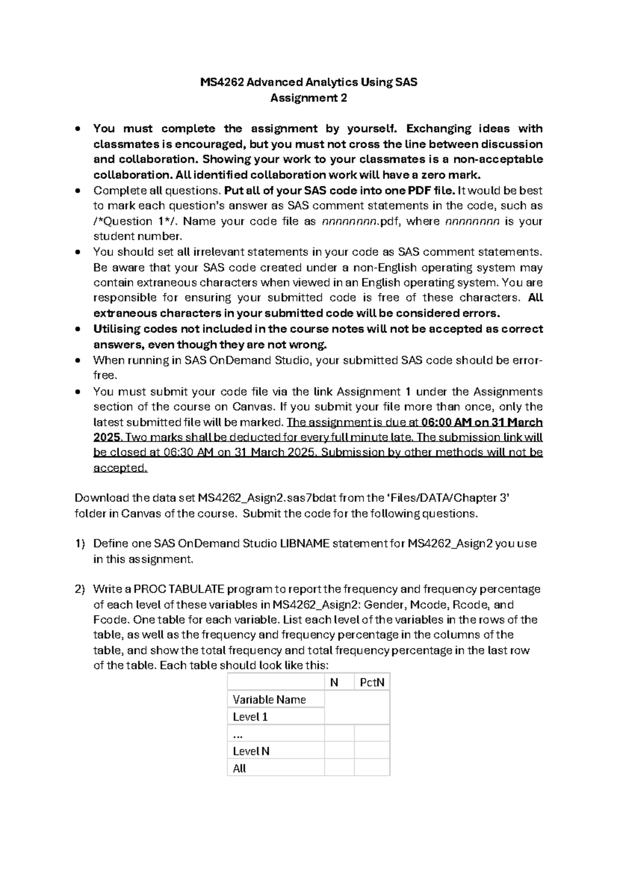 MS4262 Advanced Analytics Using SAS - Assignment 2 Guidelines - Studocu