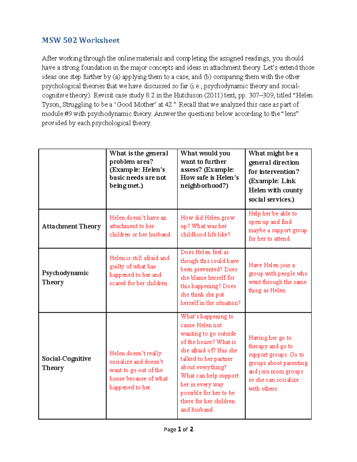 MSW 502 Worksheet: Exploring Attachment Theory & Case Study Analysis ...